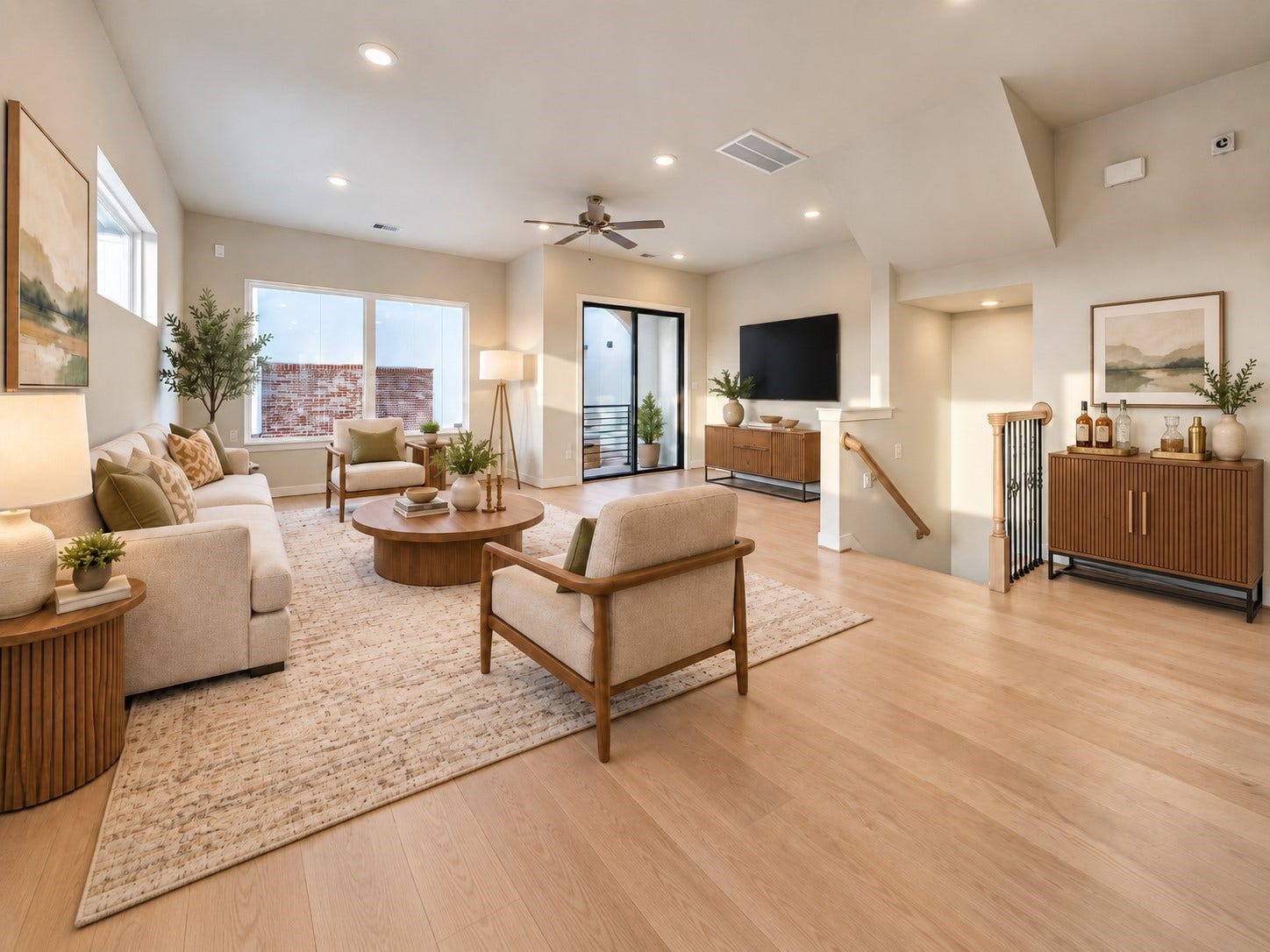 Digitally staged open-concept living area showcasing a spacious layout with balcony access, high ceilings, a defined seating area, TV wall, and bar cabinet detail.
