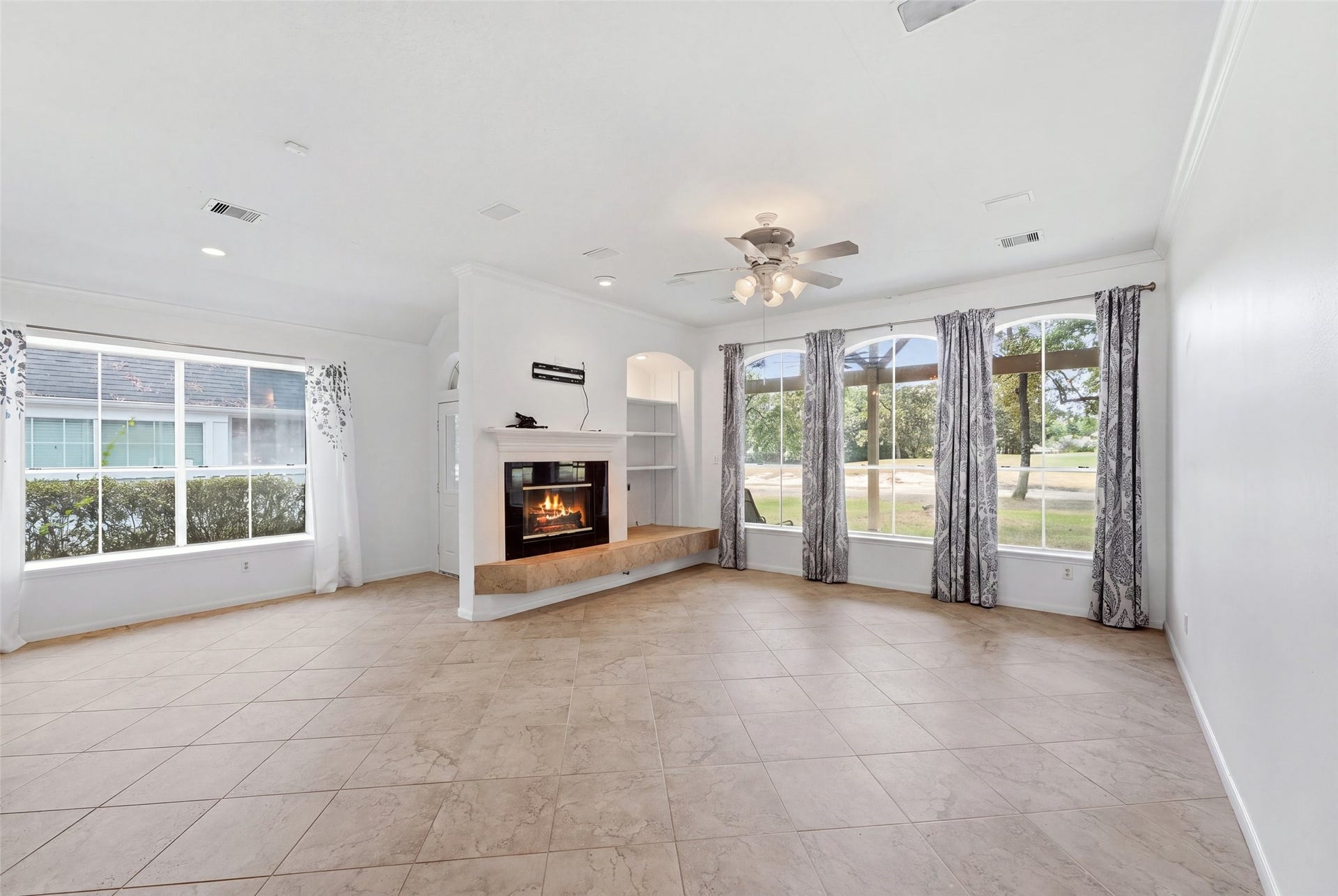 Looking into the family room from the kitchen.