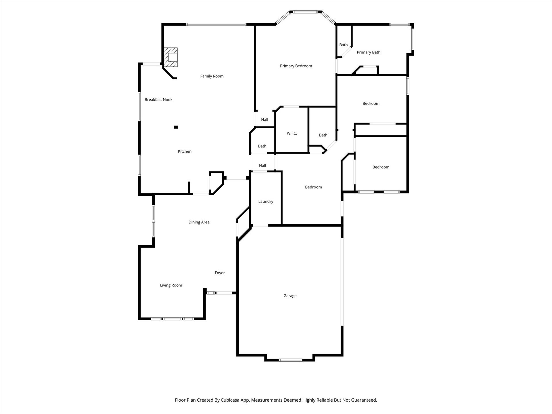 This floor plan features a spacious layout with a primary bedroom and bath, two additional bedrooms, and a shared bathroom. The open kitchen connects to a breakfast nook and family room, with a separate living and dining area. Theres an attached garage and a laundry room for convenience.