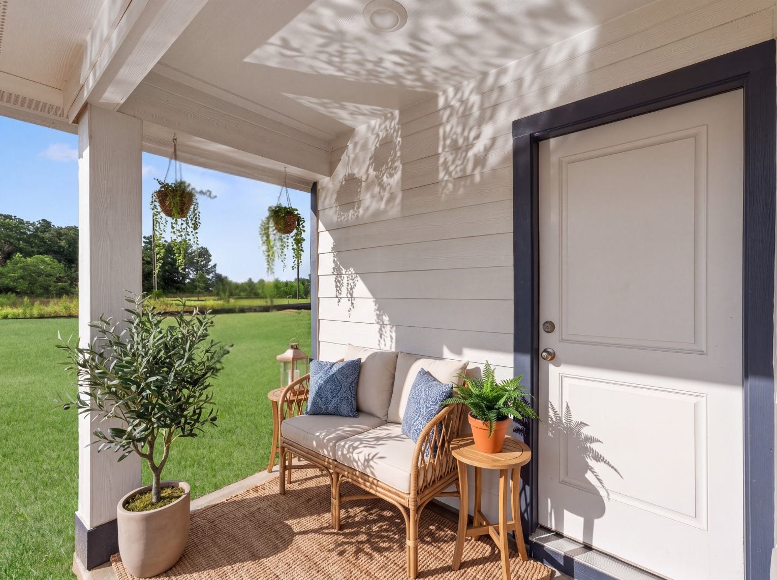 10816 N Baron Village Drive, Conroe, TX 77306 Covered porch with lap siding, navy trim, and open views of the grassy yard and mature trees beyond. A relaxed spot to sit outside.
This photo has been digitally staged to illustrate the possibilities of the home's aesthetic and potential design. Some furnishings and dcor shown are for visual inspiration.