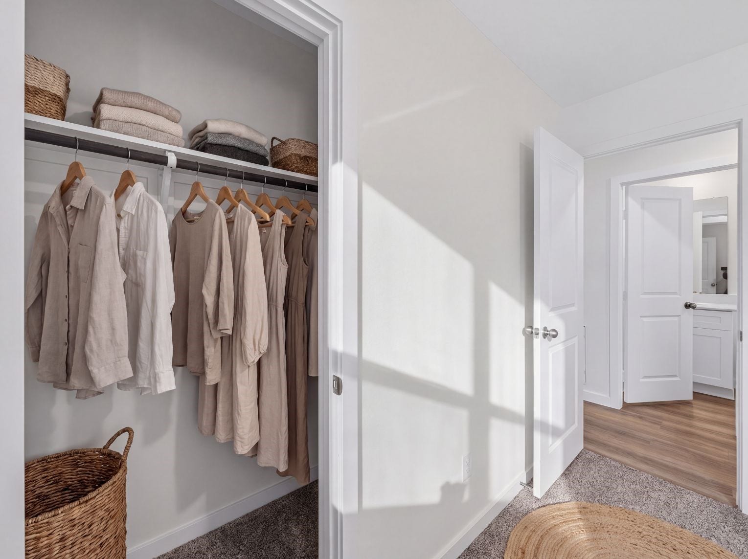 10816 N Baron Village Drive, Conroe, TX 77306 Bedroom closet with hanging space and a shelf, opening to a carpeted bedroom and a hall that leads to the bath. Wood-look flooring runs through the hallway.
This photo has been digitally staged to illustrate the possibilities of the home's aesthetic and potential design. Some furnishings and dcor shown are for visual inspiration.