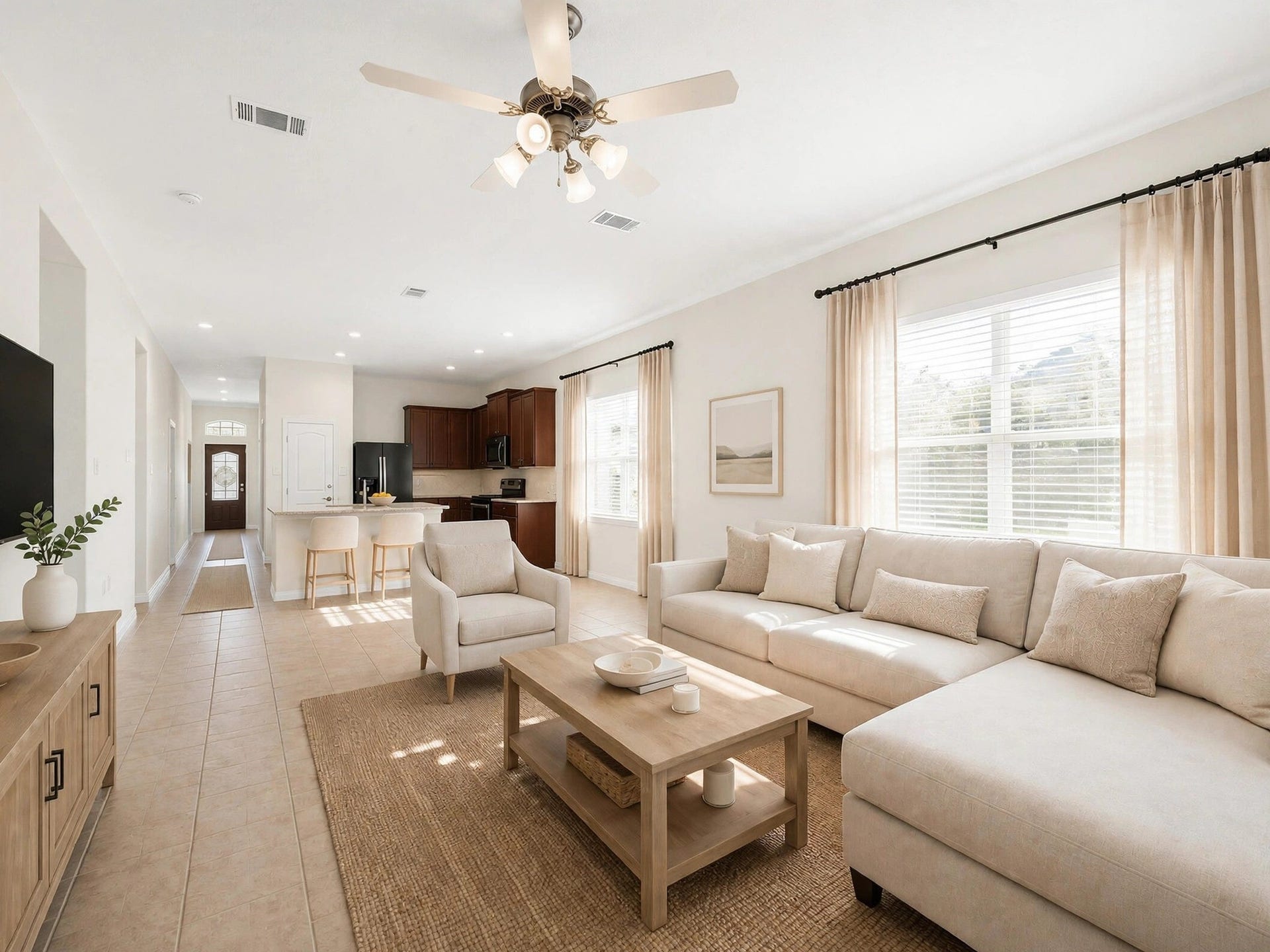 1902 Willow Ridge Lane, Fulshear, TX 77423 This furnished view illustrates the living areas potential, with an open layout connecting to the kitchen. (Virtually staged)