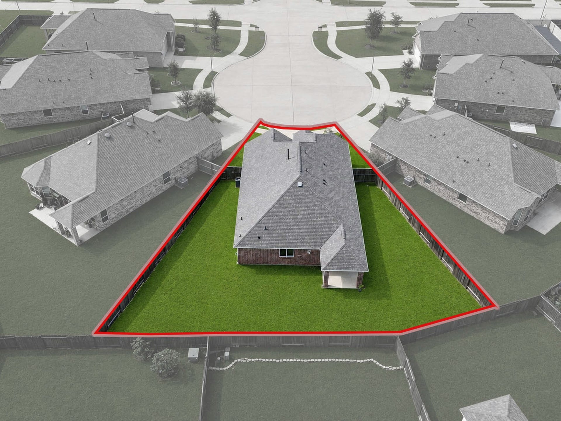 1902 Willow Ridge Lane, Fulshear, TX 77423 Rear aerial view showcases the backyard and lot layout. Highlighted boundaries are approximate and for illustration only.