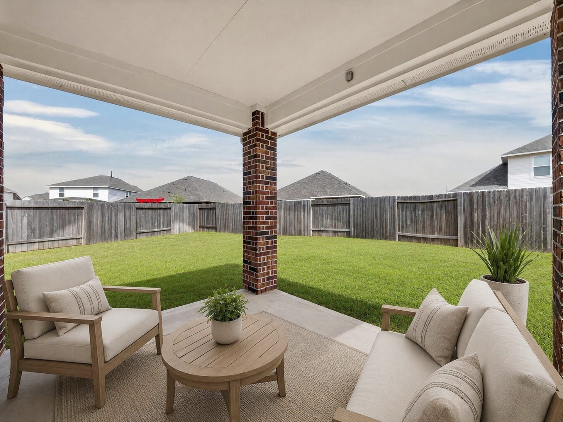 1902 Willow Ridge Lane, Fulshear, TX 77423 Covered rear patio overlooks the fenced backyard, offering shaded space for outdoor seating. (Virtually staged)