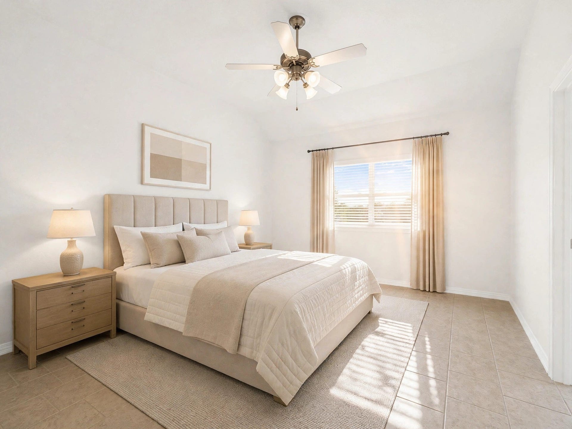1902 Willow Ridge Lane, Fulshear, TX 77423 An alternate furnished bedroom view highlights the tray ceiling, ceiling fan, and window. (Virtually staged)