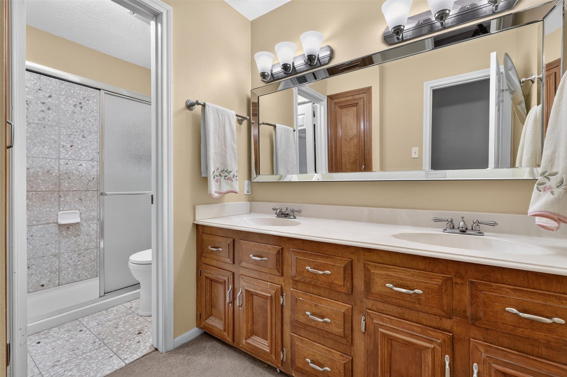 Shared bath upstairs. Shower and 2 sinks