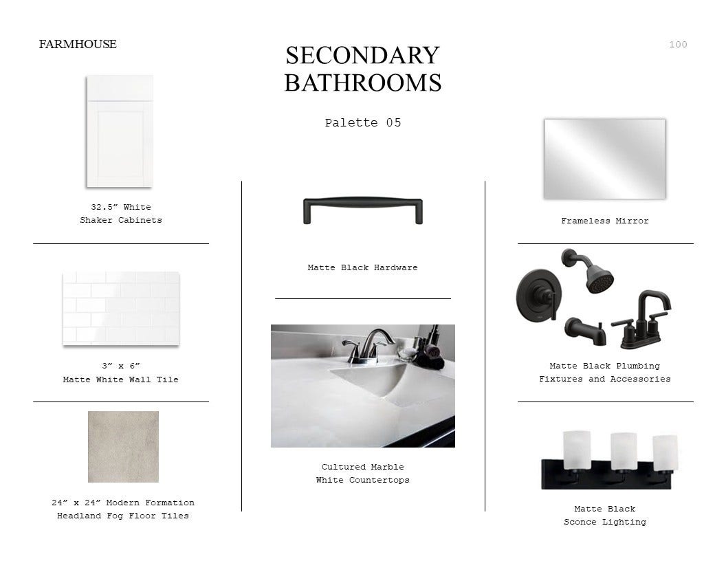 3077 Poplar Bluff Road, Magnolia, TX 77363 Farmhouse Look Palette 5: Secondary Bathrooms Selection Sheet (*Artist rendering used for illustration purposes only.)