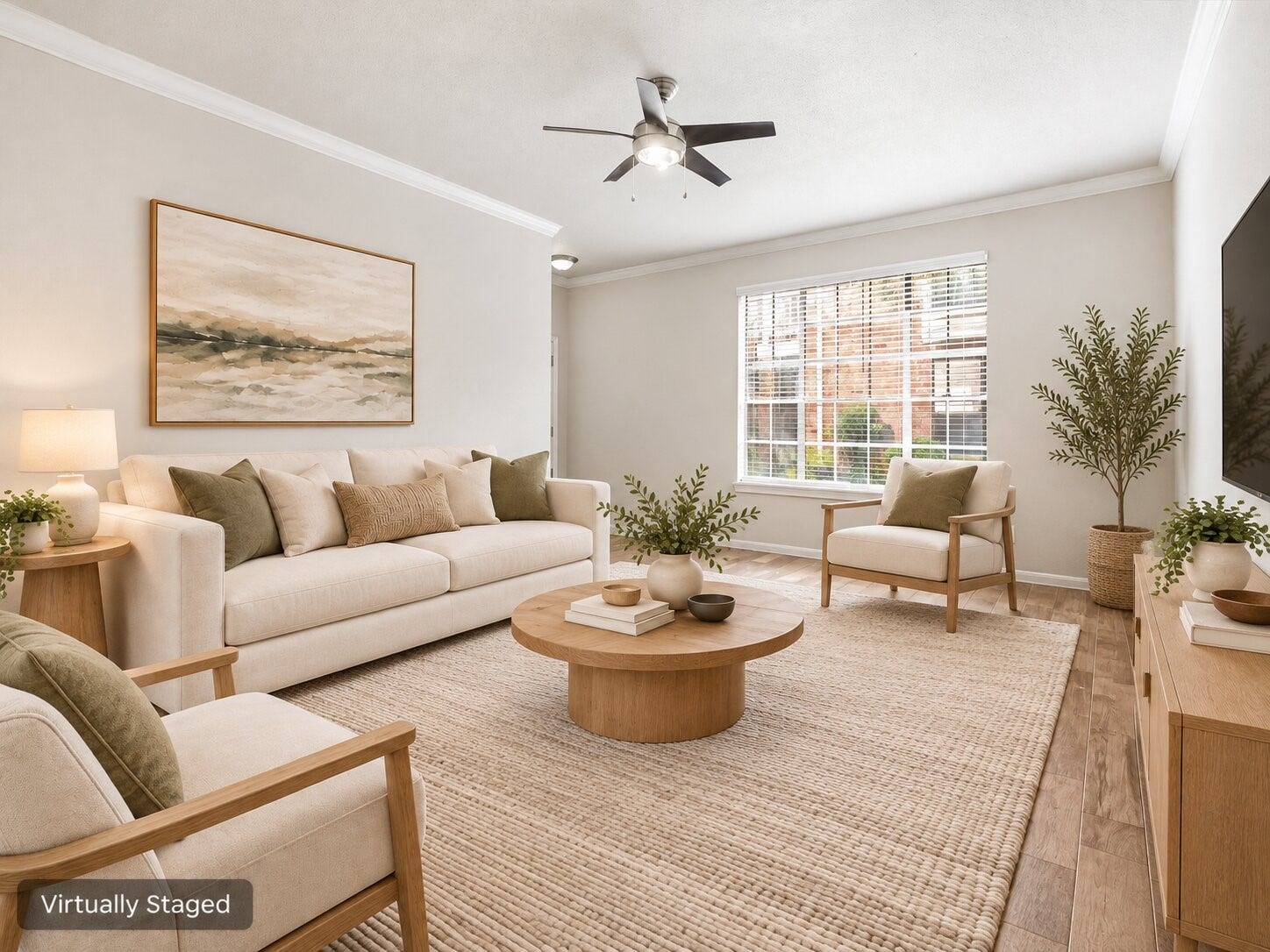 Bright living area with warm wood-look flooring, crown molding, ceiling fan, and a large window providing natural light. Virtually staged to showcase the rooms potential.
