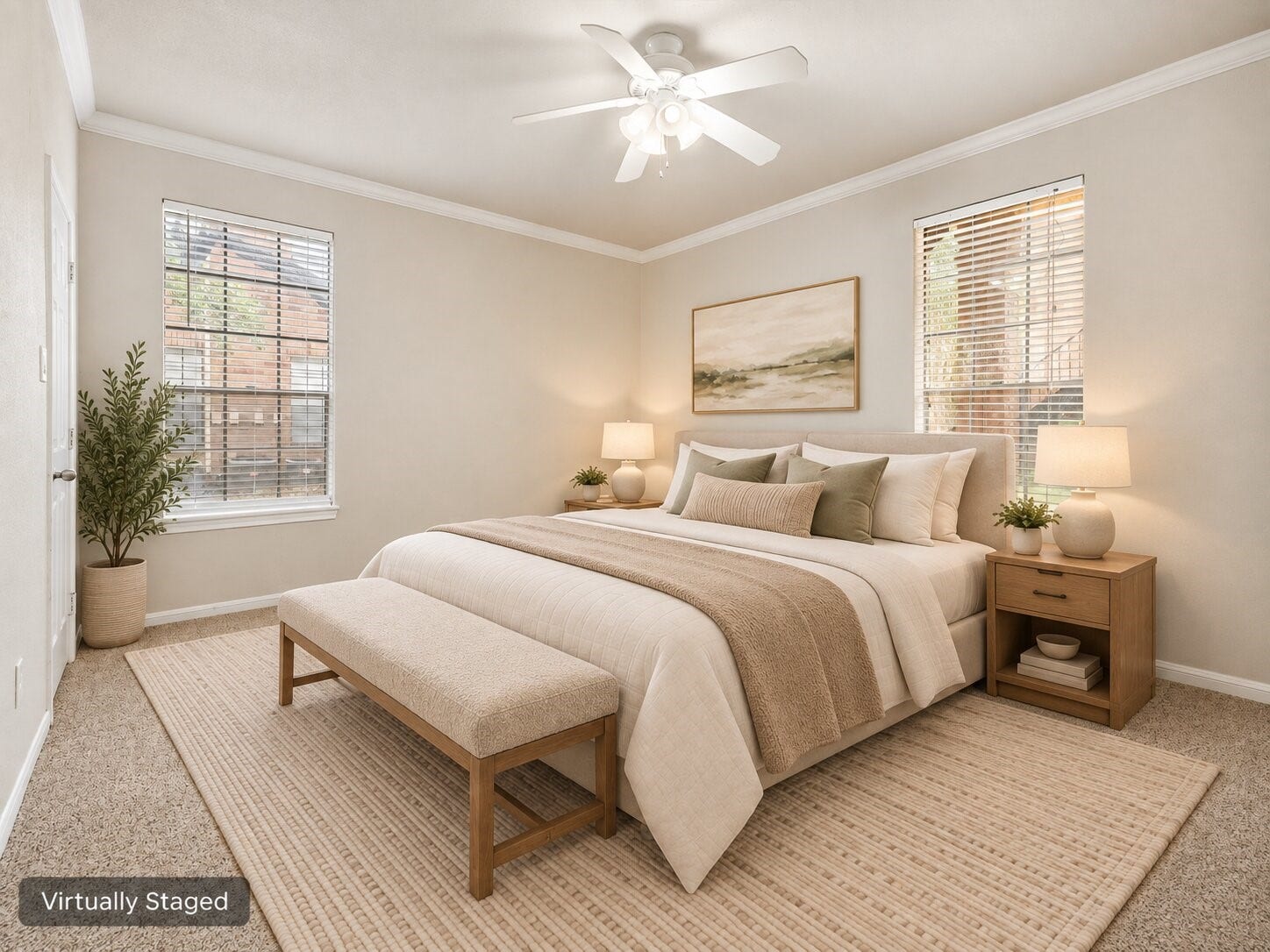 Spacious primary bedroom with two windows, neutral finishes, crown molding, ceiling fan, and generous natural light. Virtually staged to illustrate furniture placement.