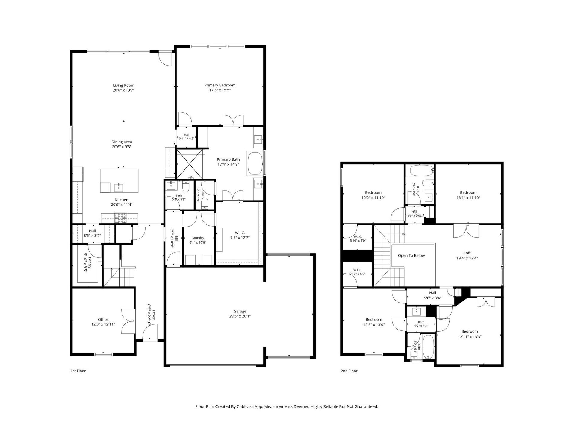 The layout puts the primary suite, a private study, and an open kitchen, dining, and living area on the first floor. Upstairs are a loft-style game room, a media room, and three secondary bedrooms with two full baths.