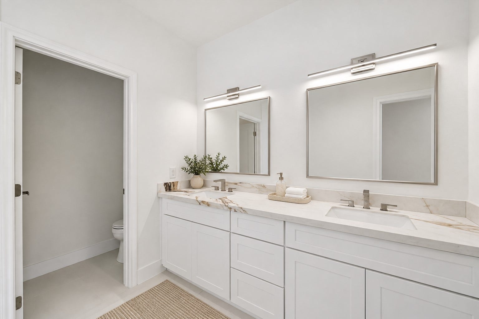5310 Salina Street, Houston, TX 77026 A spacious double vanity adds everyday convenience to the primary bath, featuring two under-mount sinks, sleek modern faucets, abundant cabinetry, and an expansive marble-look countertop. Contemporary linear lighting creates a streamlined appearance, while the bright white finishes keep the space feeling fresh and open. The adjacent private water closet adds another layer of functionality.