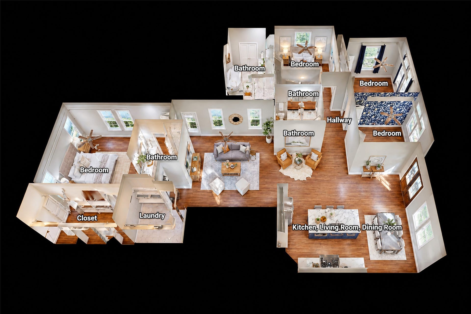 702 W 41st Street, Houston, TX 77018 This dollhouse view shows how beautifully the home comes together! Four bedrooms, three full bathrooms, spacious living areas and an open island kitchen create a comfortable, easy-flowing layout. Two primary suites, each with a private ensuite, plus two additional bedrooms and a full hall bath offer wonderful flexibility for family and guests.