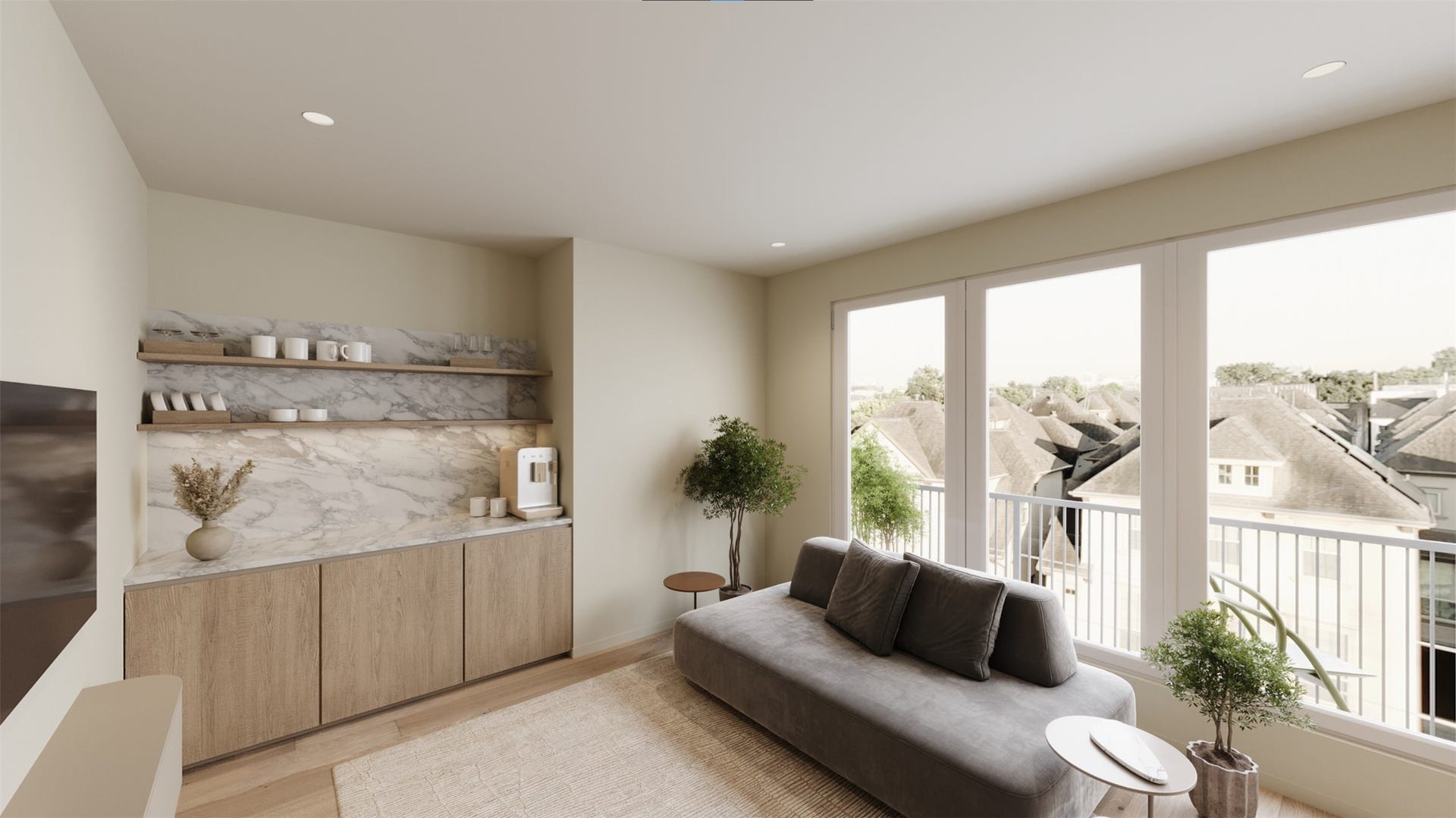 Discover a stunning third-floor game room bathed in natural light, featuring sleek built-in shelves, a cozy couch, and breathtaking viewsperfect for relaxation and entertainment.