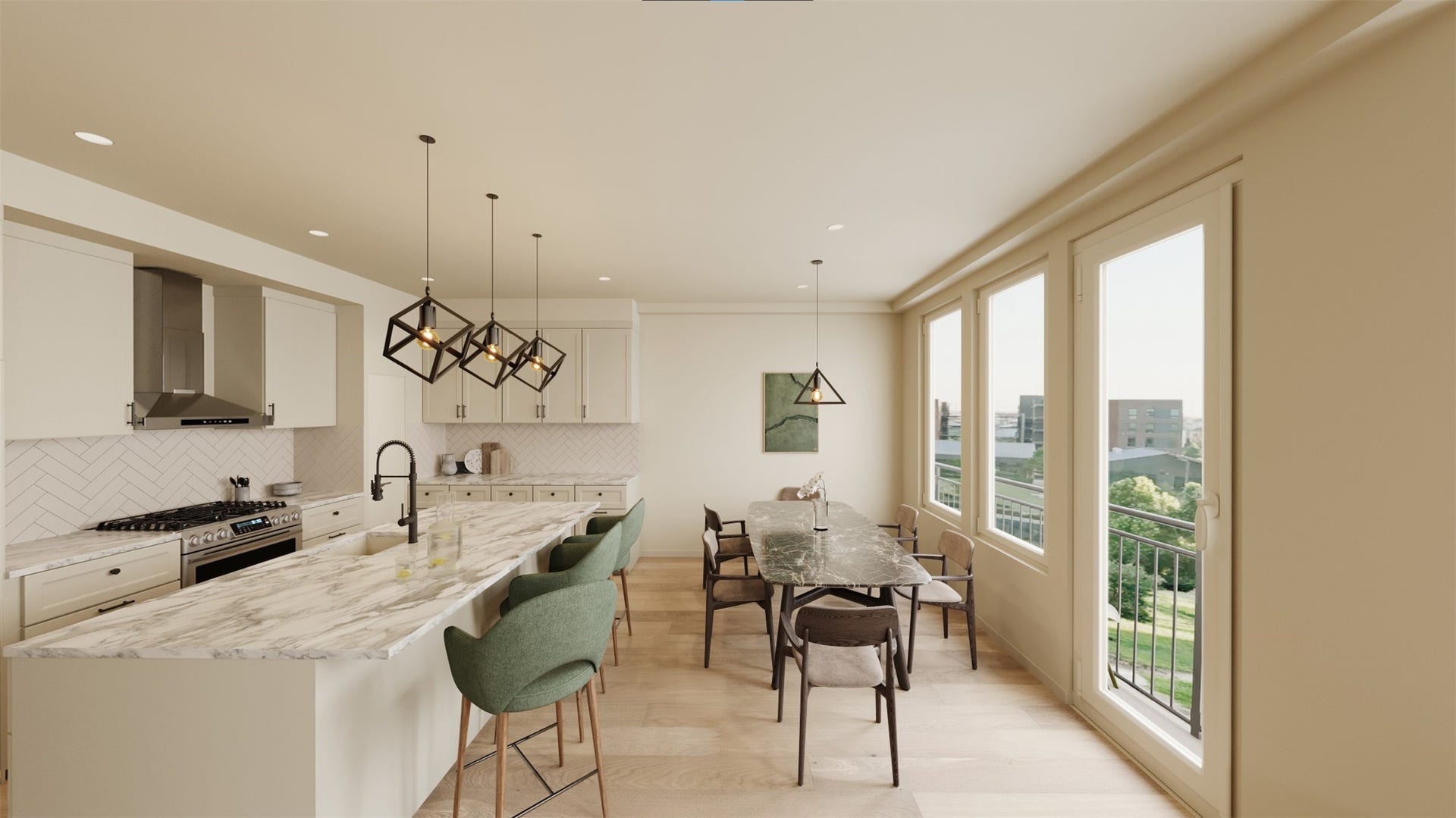 (Example of finishes) The stunning second-floor kitchen and dining area features elegant quartz countertops, sleek cabinetry, modern lighting, and expansive windows offering breathtaking views.