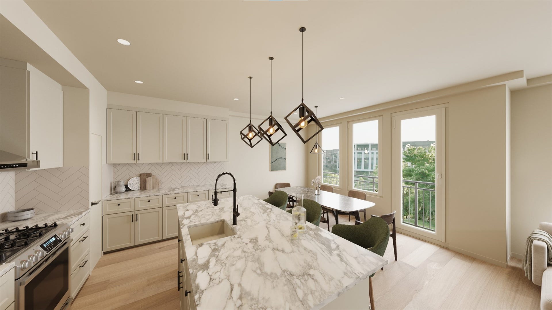 (Example of finishes) Experience modern elegance with this stunning second-floor kitchen and dining area, featuring quartz countertops, gas range, Stainless Steel appliances, chic pendant lighting, and expansive windows for natural light and views.