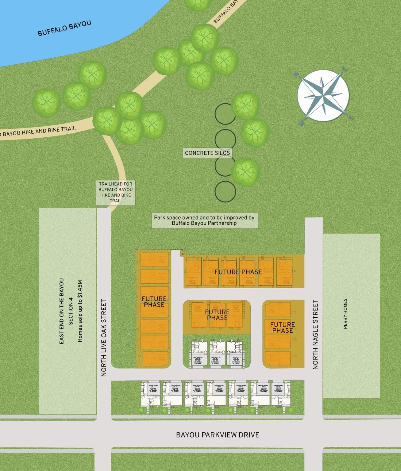Discover the perfect blend of nature and modern living with this site map of the 10 lots available in the new section, featuring two distinct floor plans (with upgrade options) nestled by the scenic Buffalo Bayou, offering both tranquility and urban excitement.