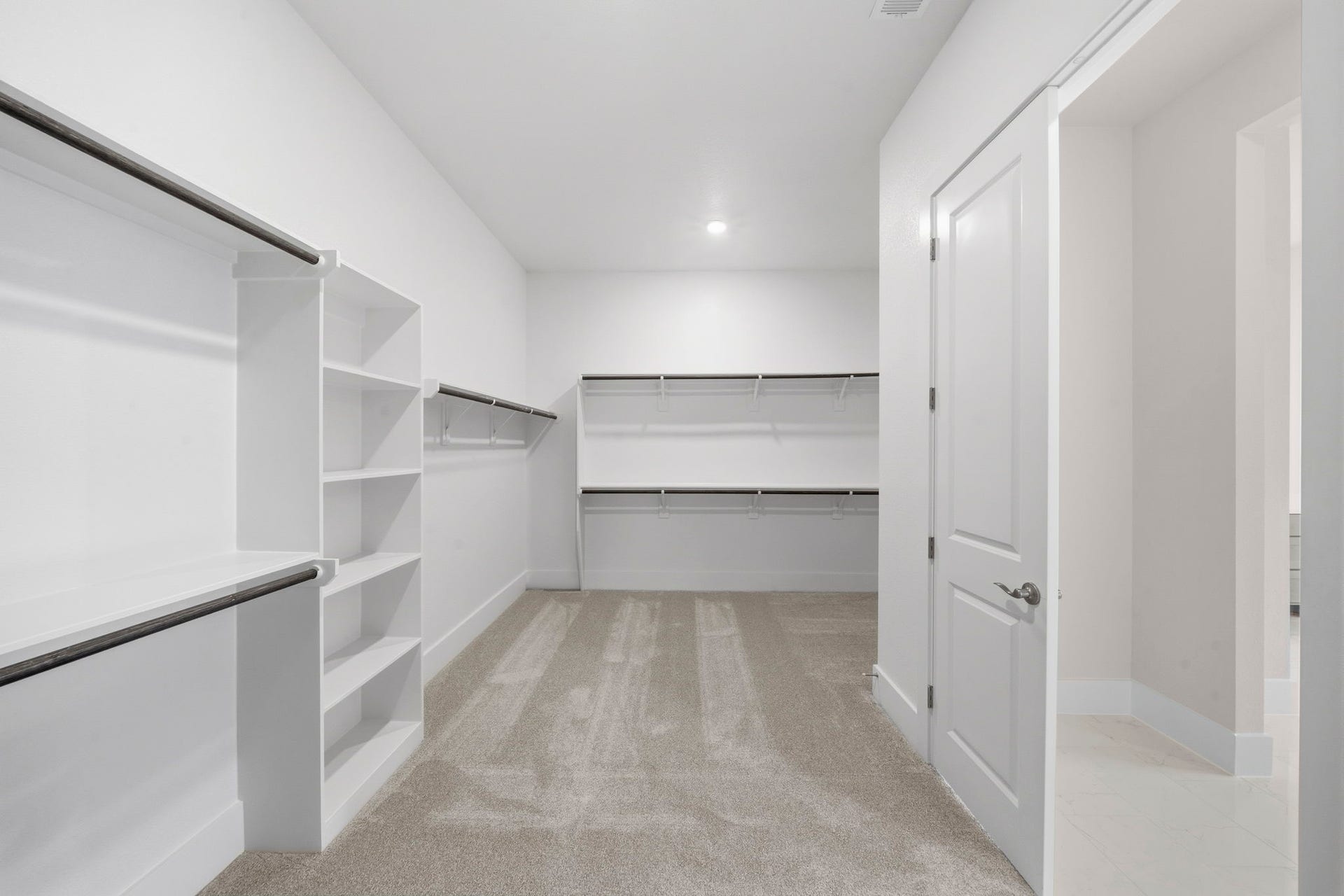 Spacious walk-in closet with ample shelving and hanging space, featuring carpeted flooring and a clean, modern design with white walls and a door leading to an adjacent room.