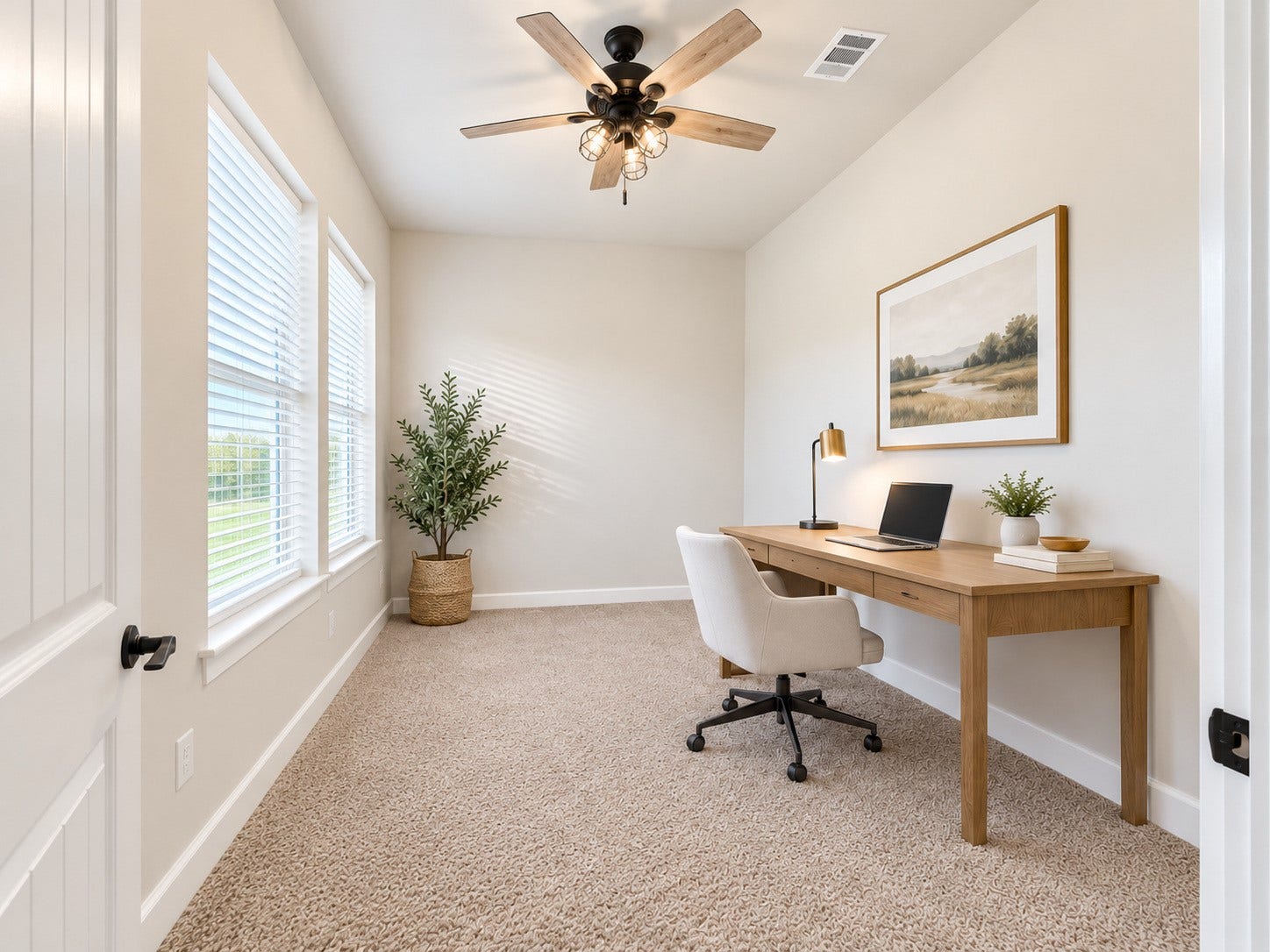 3295 Fm 524 Road, Sweeny, TX 77480 Versatile flex room with vaulted ceiling, abundant natural light, and ceiling fan offers endless possibilities! Shown virtually staged as a home office or study, this flexible space could also serve as a 4th bedroom, guest room, hobby room, or additional living area to suit your needs. Photo is virtually staged.
