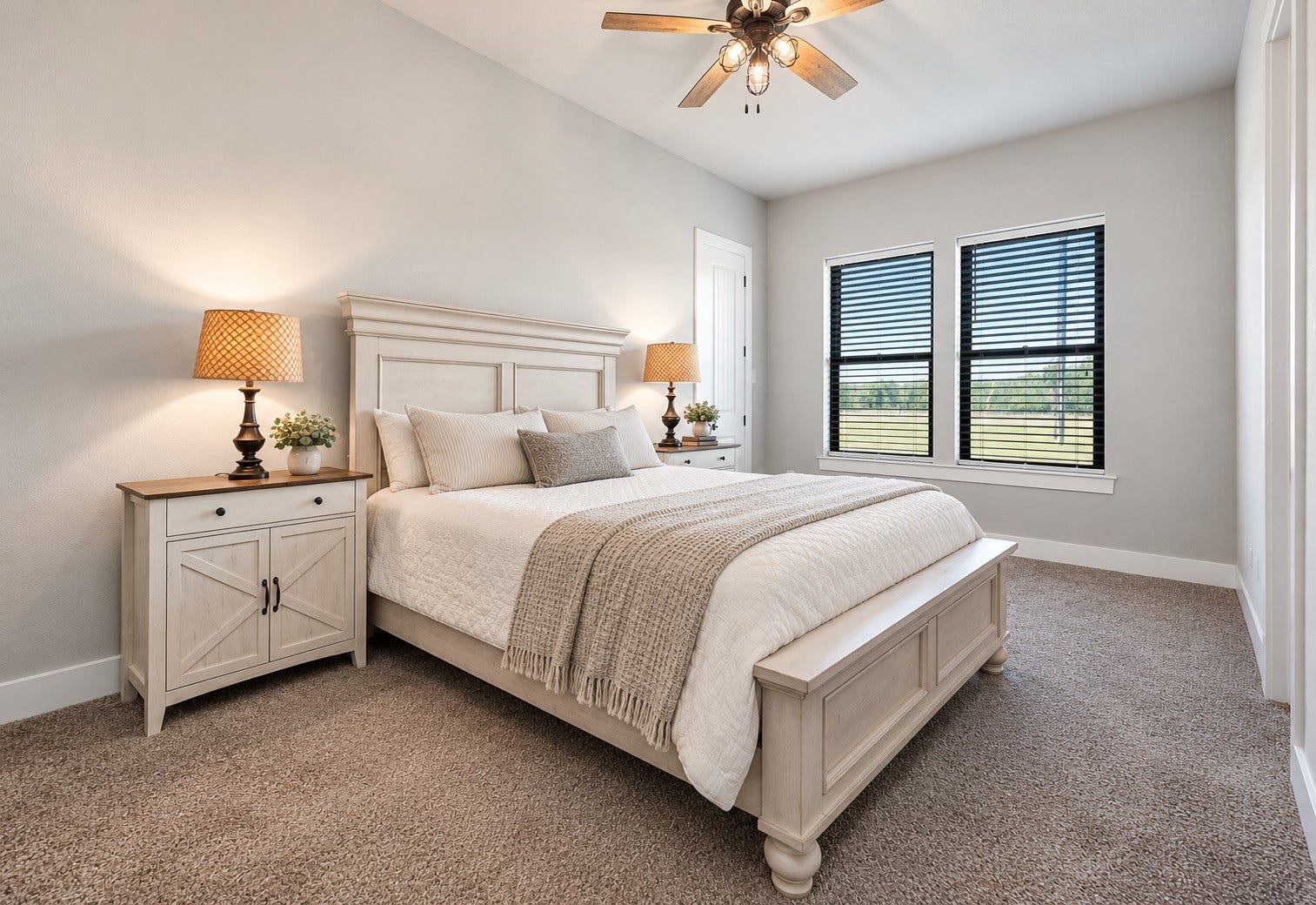 3295 Fm 524 Road, Sweeny, TX 77480 Secondary bedroom with carpet, ceiling fan and two windows for natural light. This photo may be edited using AI tools.
