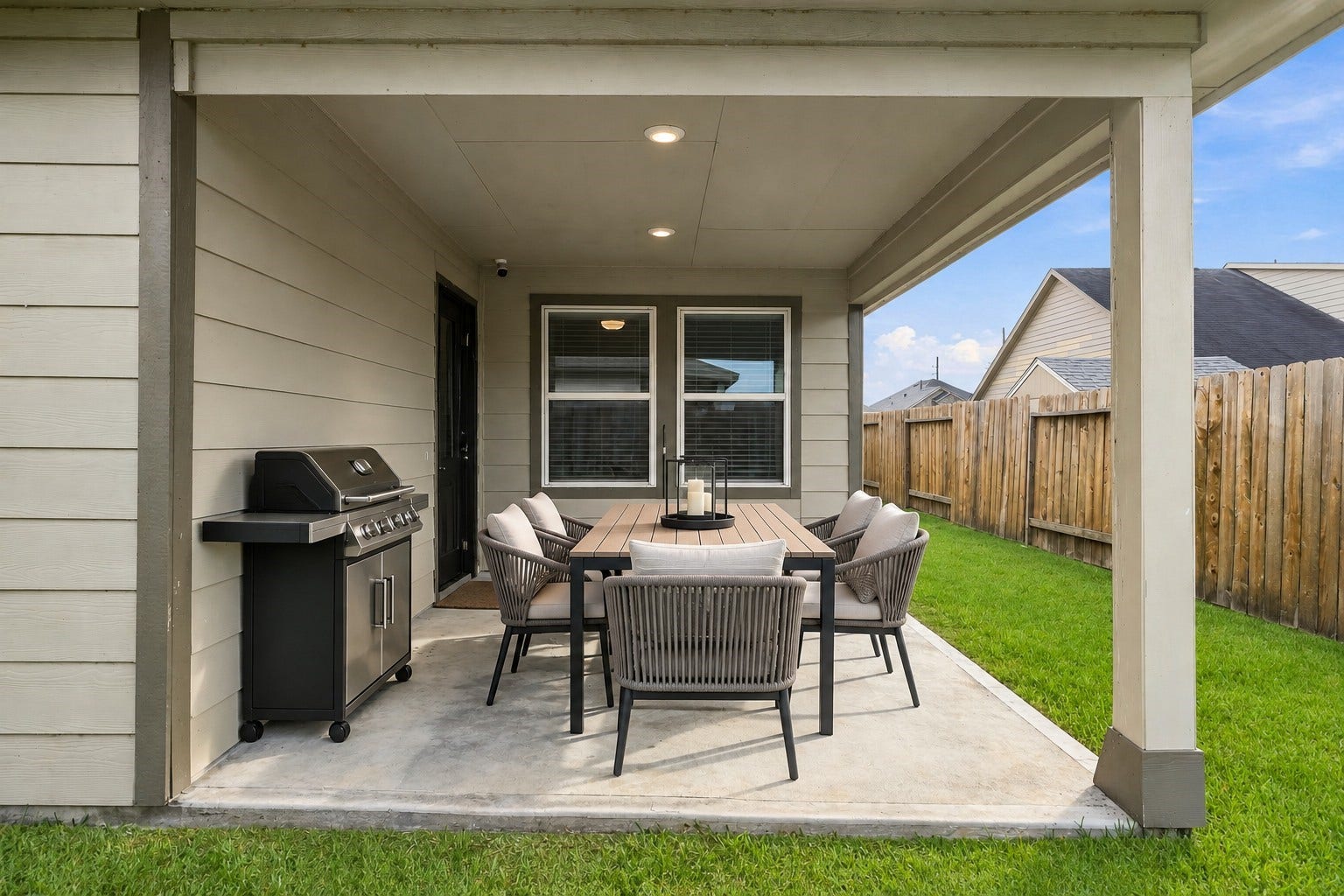 903 Pismo Lane, Rosharon, TX 77583 This inviting photo captures a warm and welcoming covered back patio, perfect for relaxing or gathering with family and friends. The patio offers a comfortable, shaded retreat that bridges indoor and outdoor living.
