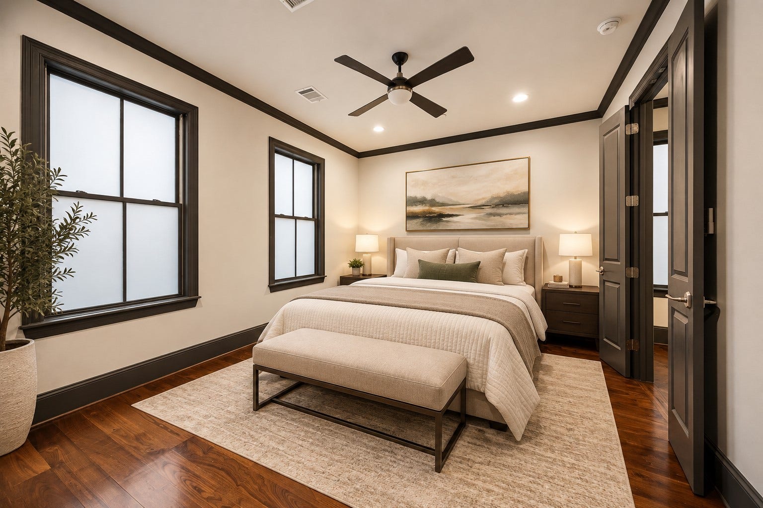 2131 Bancroft Street, Houston, TX 77027 Virtually staged to showcase the secondary bedrooms inviting proportions, beautiful hardwood floors, and elegant design, offering a comfortable private retreat with an en-suite bathroom and walk-in closet.