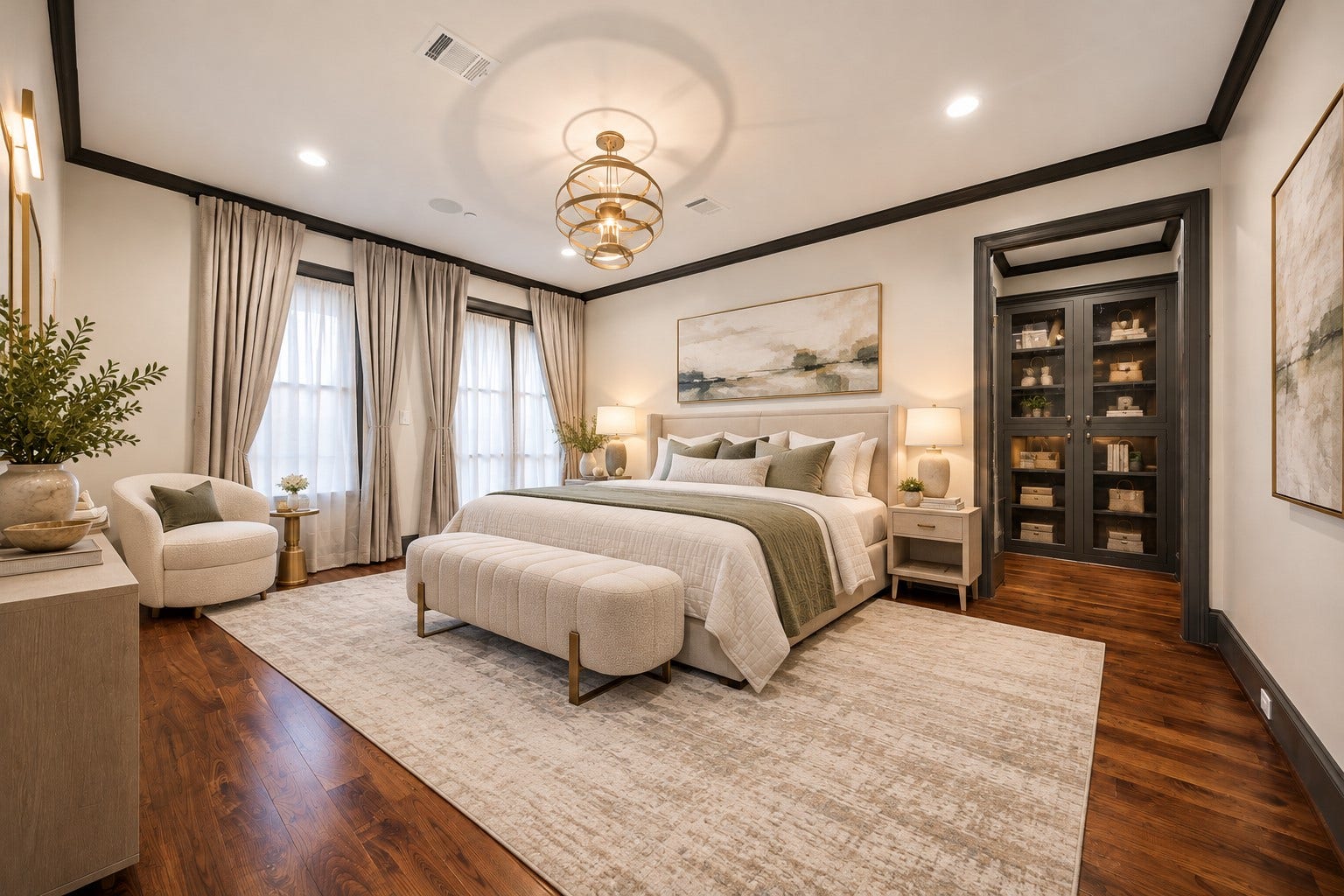 2131 Bancroft Street, Houston, TX 77027 Virtually staged primary bedroom featuring an elegant en-suite bathroom, separate his-and-hers closets with custom California Closets built-ins, and access to a private balcony.