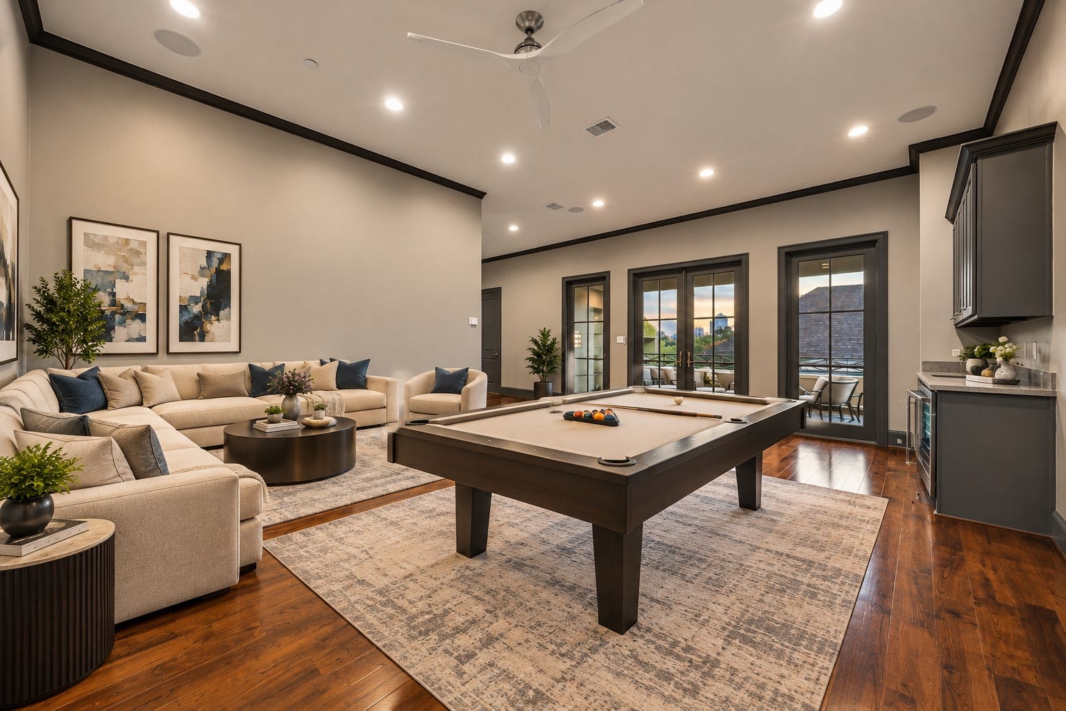 2131 Bancroft Street, Houston, TX 77027 Spacious fourth-floor covered terrace featuring motorized retractable screens, multiple French doors, ample room for outdoor lounging, and Houston skyline viewsperfect for relaxing or entertaining.