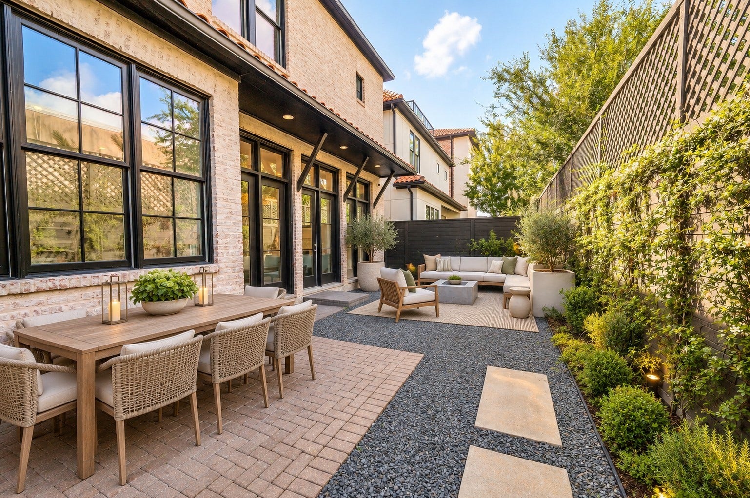 7554 Little Caprese Lane, Houston, TX 77055 THIS IMAGE HAS BEEN VIRTUALLY ALTERED BY AI. Built-in L-shaped wooden bench seating, rasied planters, and a contemporary fire feature create an intimate and dedicated seating area.