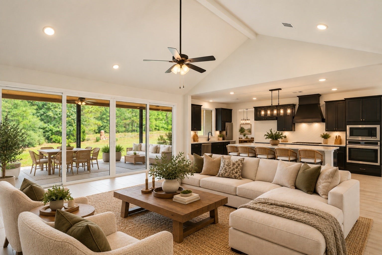 21203 Peach Wood Court, Cleveland, TX 77328 Virtually staged living room is open to the kitchen area and super slider doors to the back patio. Great for entertaining.
