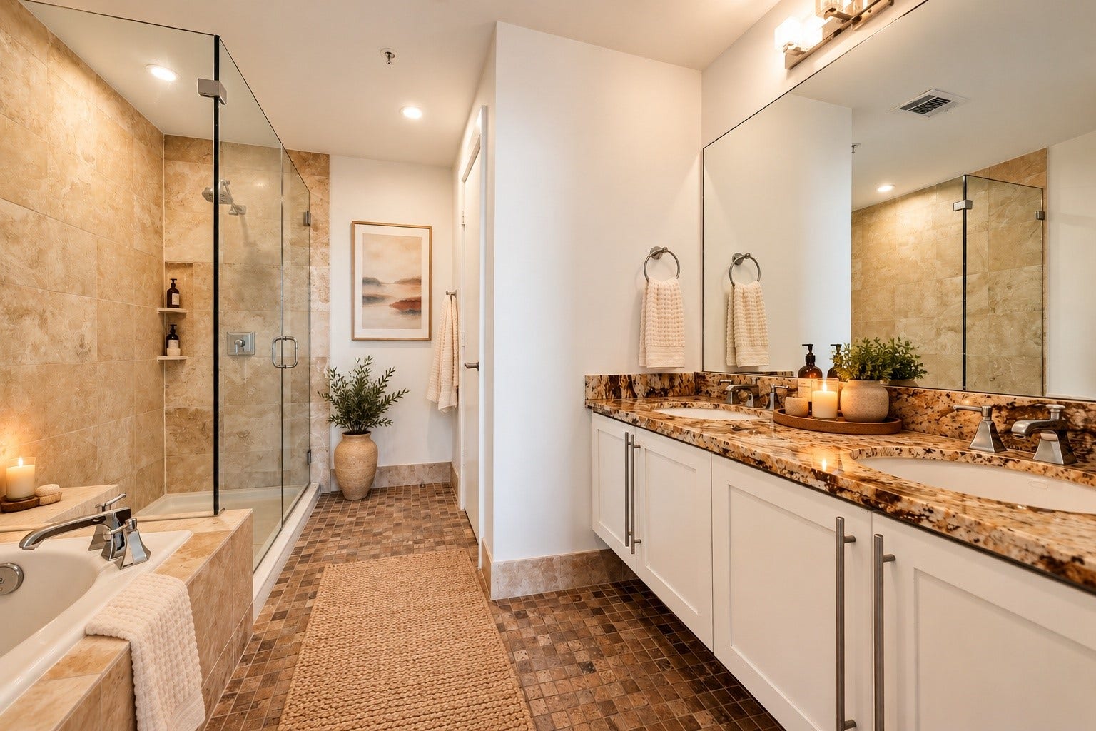 [Virtually Staged] Primary spa-like bathroom with double sink.