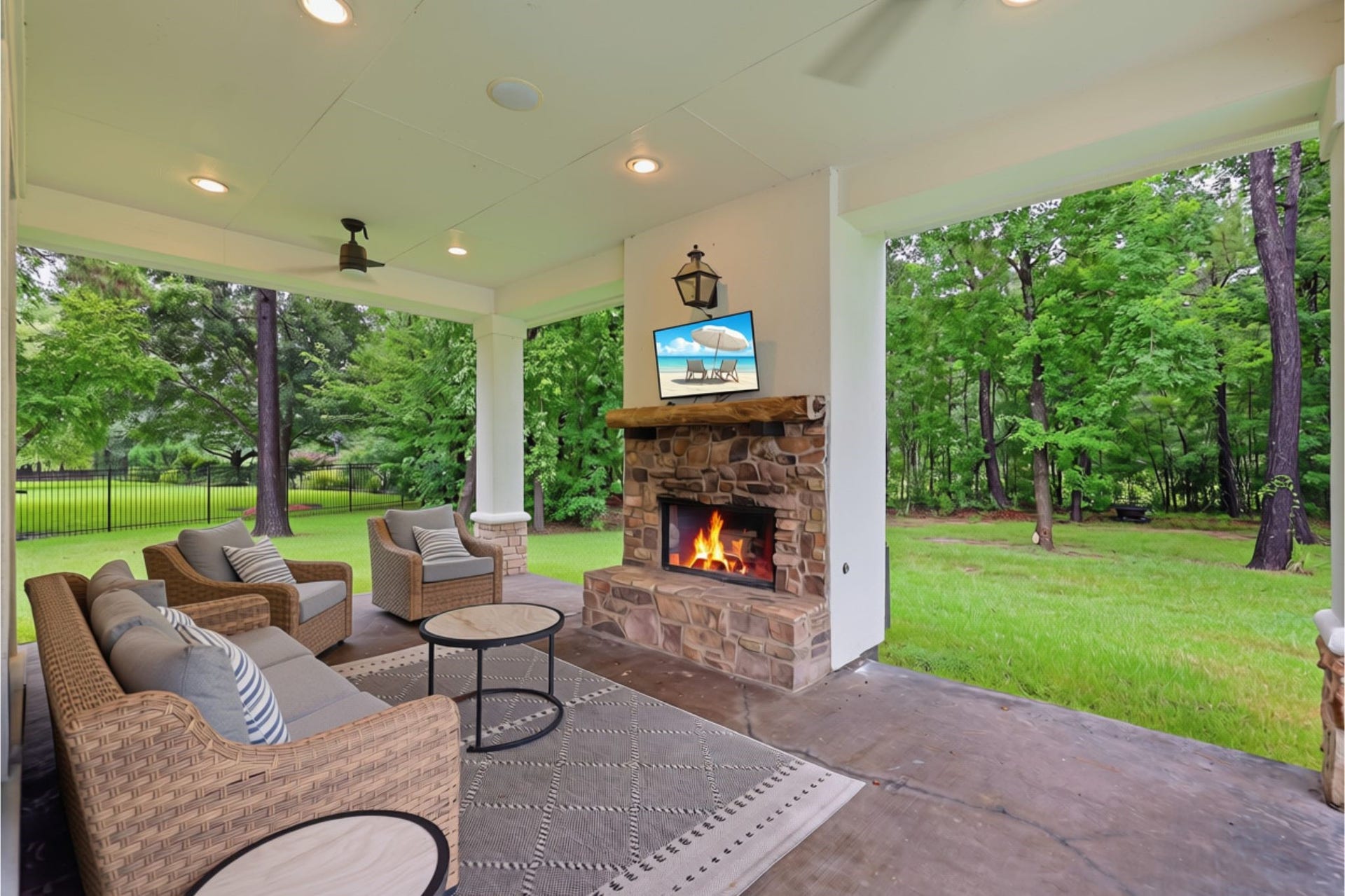 3810 Benders Lane, Spring, TX 77386 Unwind on the spacious back porch featuring a cozy fireplace, creating the perfect outdoor retreat for relaxing and entertaining year-round.