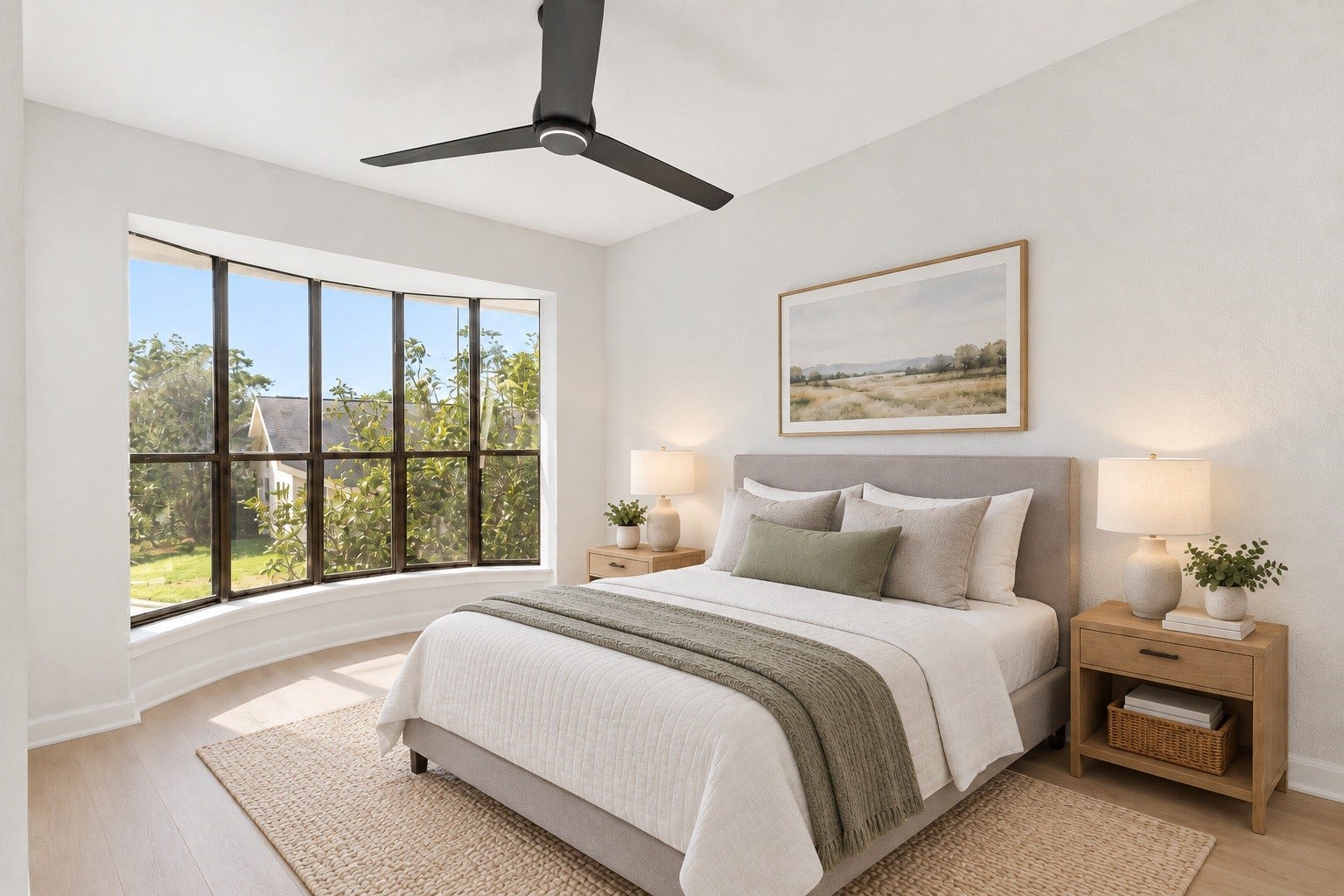 1913 Bittercreek Drive, Houston, TX 77042 This secondary bedroom is brightened by a curved bay window and finished with a ceiling fan for year-round comfort. Virtually staged.