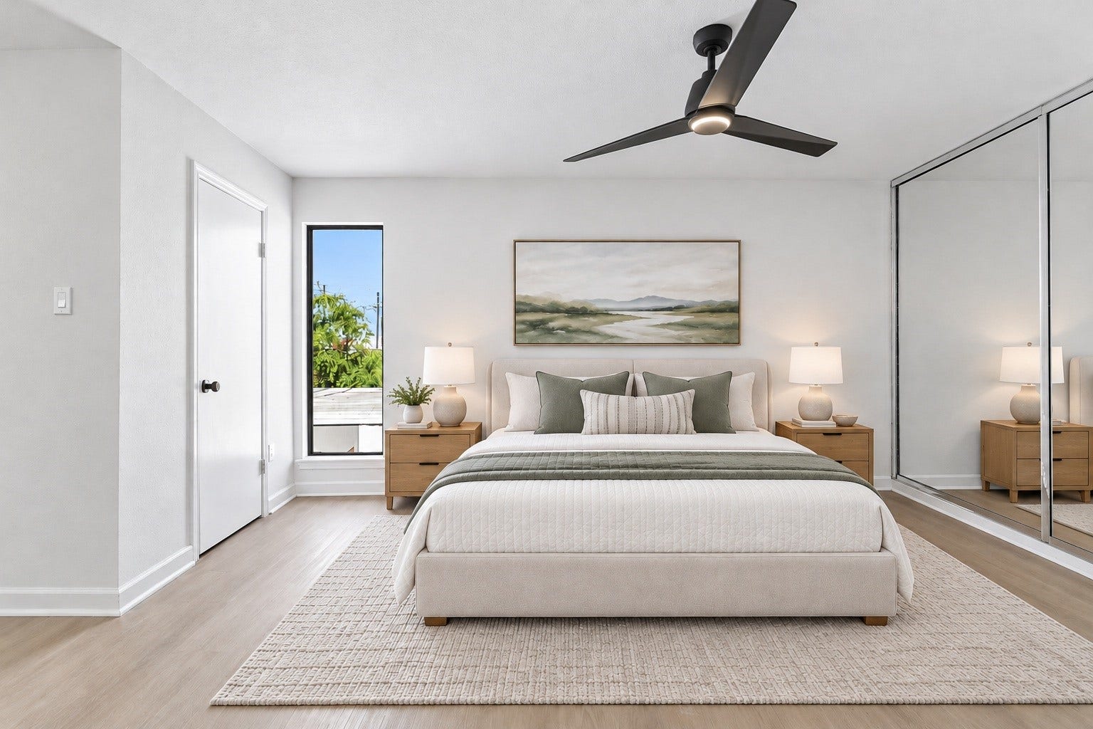 1913 Bittercreek Drive, Houston, TX 77042 The primary bedroom offers a comfortable retreat with a ceiling fan and a closet accented by a sleek mirrored wall for added style. Virtually staged.