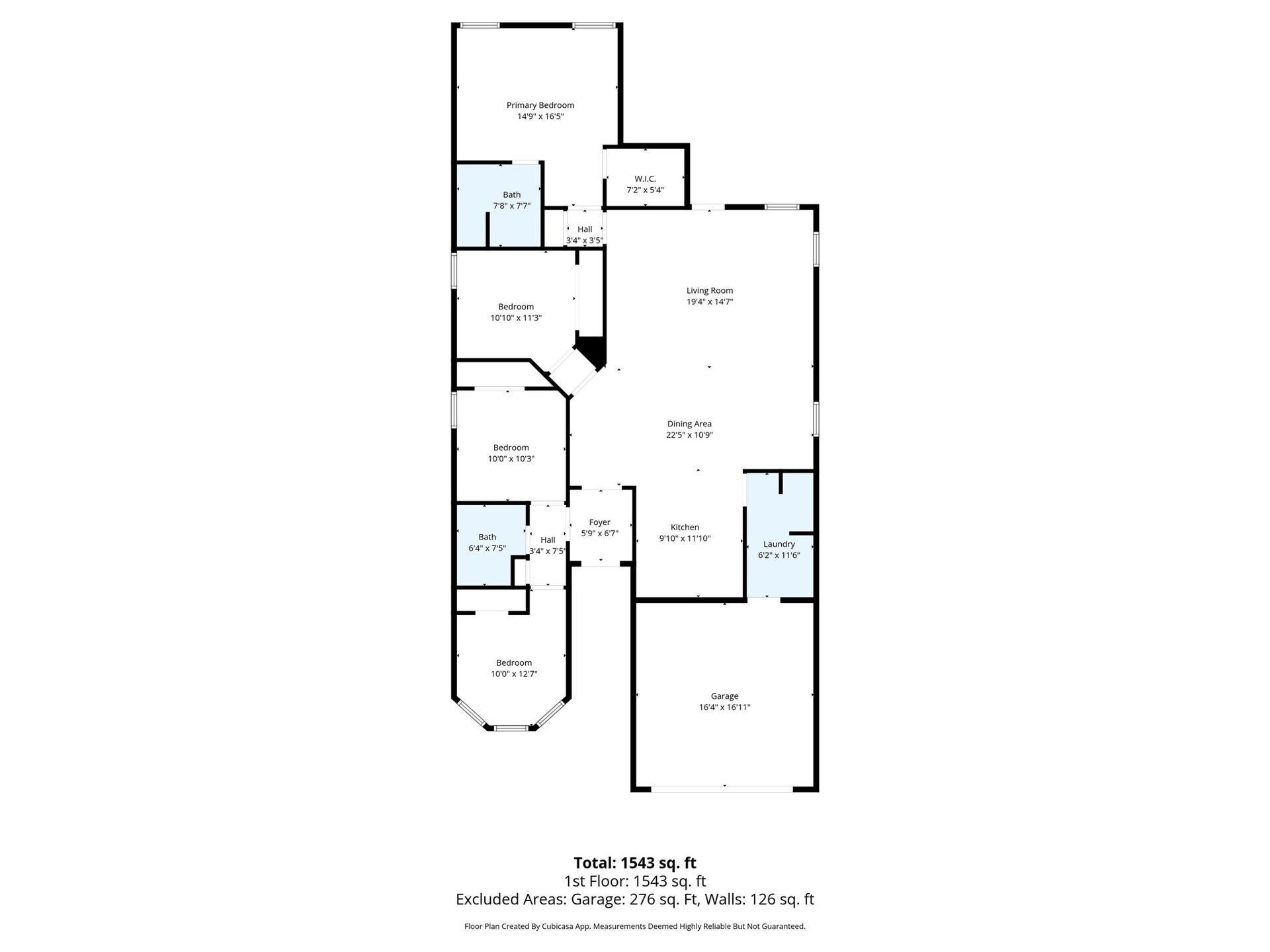 9750 Gulfstream Drive, Conroe, TX 77303 This is a floor plan of a single-story home measuring 1,543 sq. ft. It features a primary bedroom with an en-suite bath and walk-in closet, two additional bedrooms, another full bath, a spacious living room, dining area, and a kitchen. The layout also includes a laundry room and a 2-car garage.