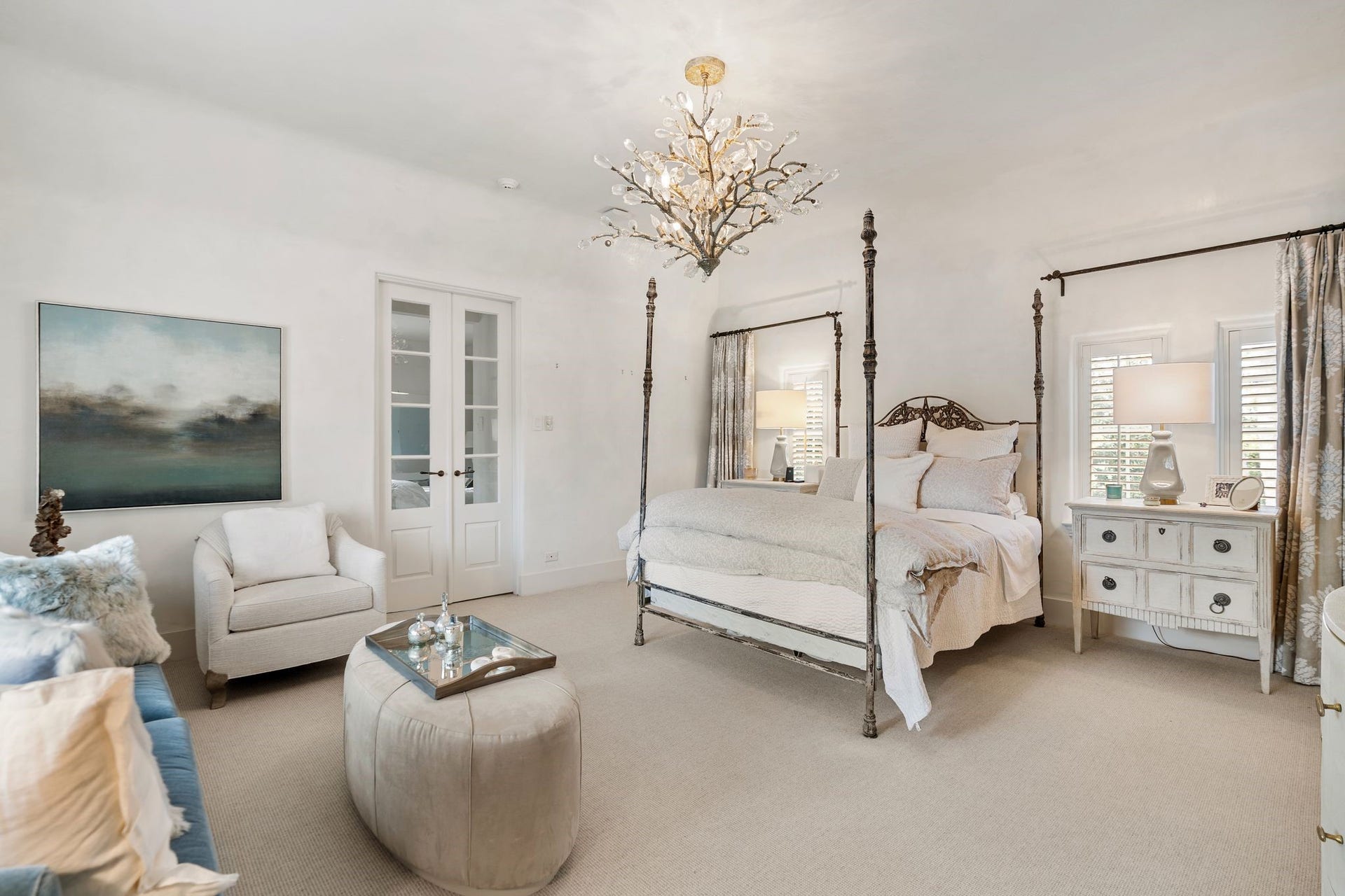 [En Suite Secondary Bedroom]
This large bedroom suite has a vestibule entry with wardrobe closets; carpet; plaster walls and ceiling; and a coved ceiling. French doors open into an adjacent flexible space , in use as a bedroom, which may serve as a study, morning room, or nursery as desired.