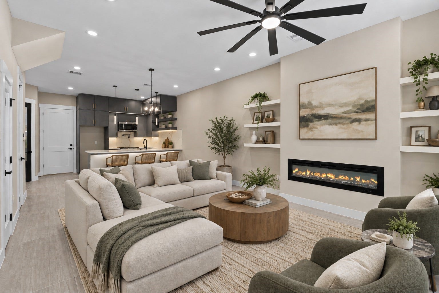 2412 Terry Street, #A, Houston, TX 77009 Virtually Staged: Offering a warm and inviting footprint, this main living area highlights clean architectural lines and integrated features. Built-in display shelving frames a ribbon fireplace, adding sophisticated style to the main seating area.