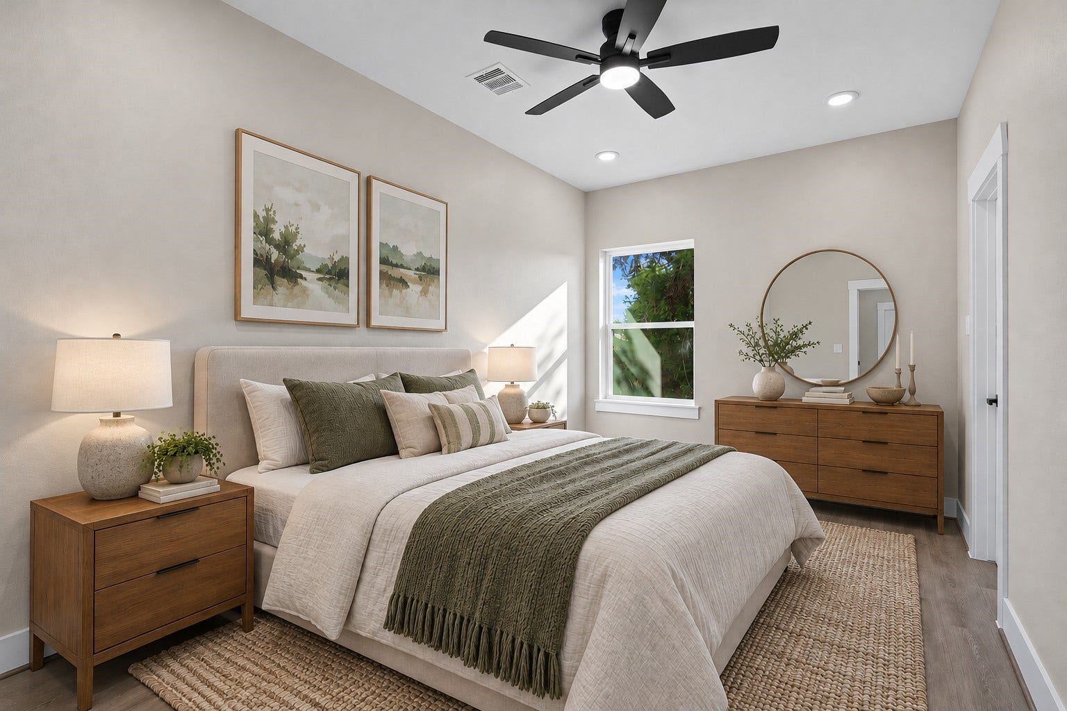 2412 Terry Street, #A, Houston, TX 77009 Virtually Staged: This cozy secondary bedroom offers a bright layout with high ceilings, recessed lighting, and a modern ceiling fan. A large side window fills the room with natural light, while the versatile floor plan easily accommodates full bedroom furniture