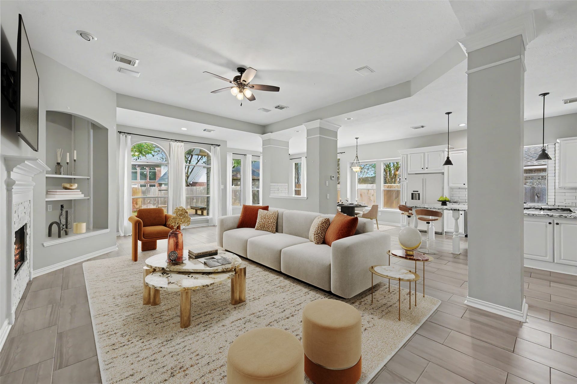 18207 Red Eagle Court, Humble, TX 77346 Living room is the heart of the home. Builts ins, fireplace and is open to the breakfast room, dining room and kitchen! Entertainers dream! Virtually staged furniture.