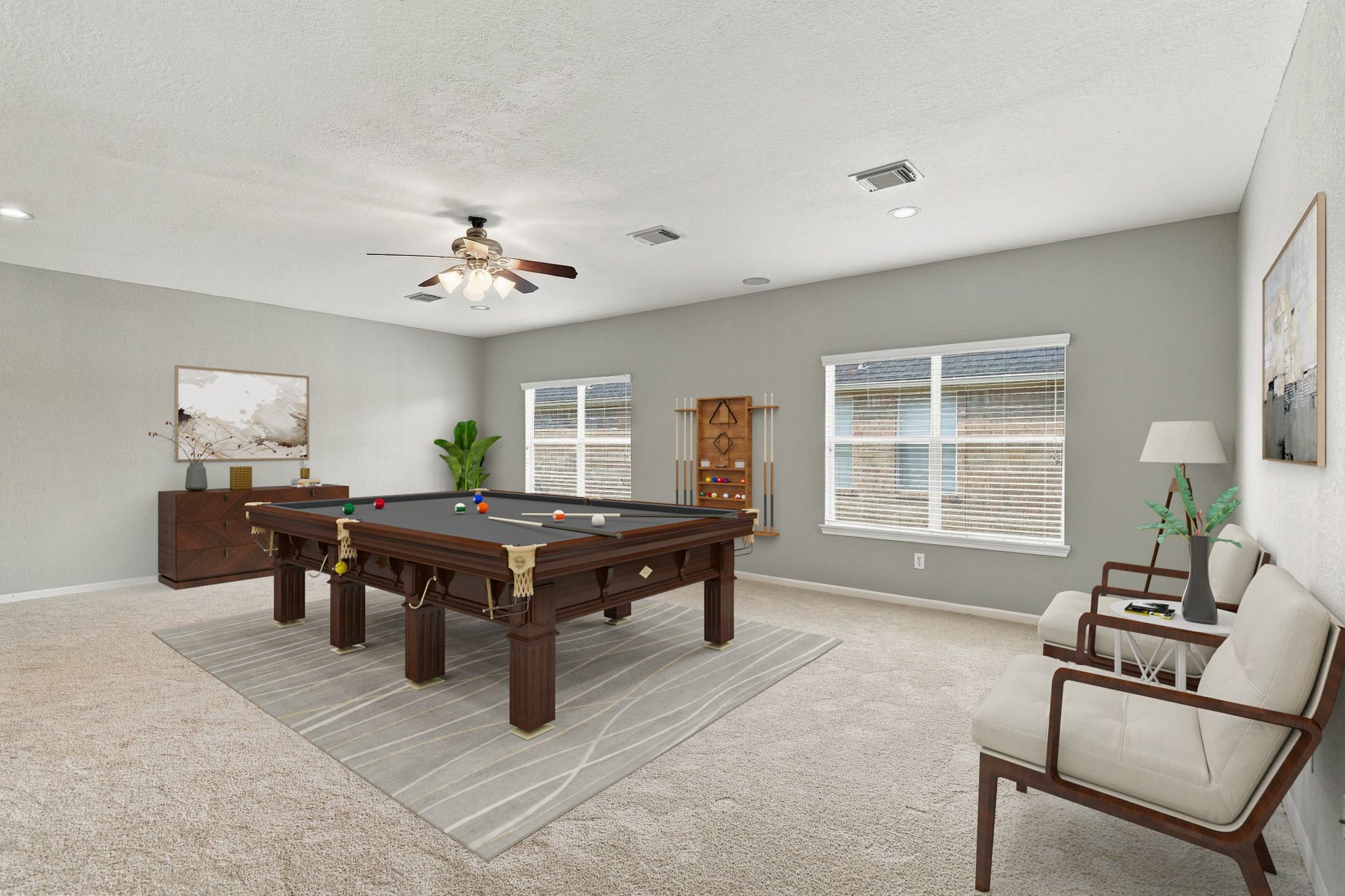 14226 Marin Drive, Cypress, TX 77429 Virtually Staged: A spacious upstairs flex room offering plenty of versatility for a game room, media space, or additional living area. The open layout features soft neutral carpeting, light gray walls, recessed lighting, and a ceiling fan.