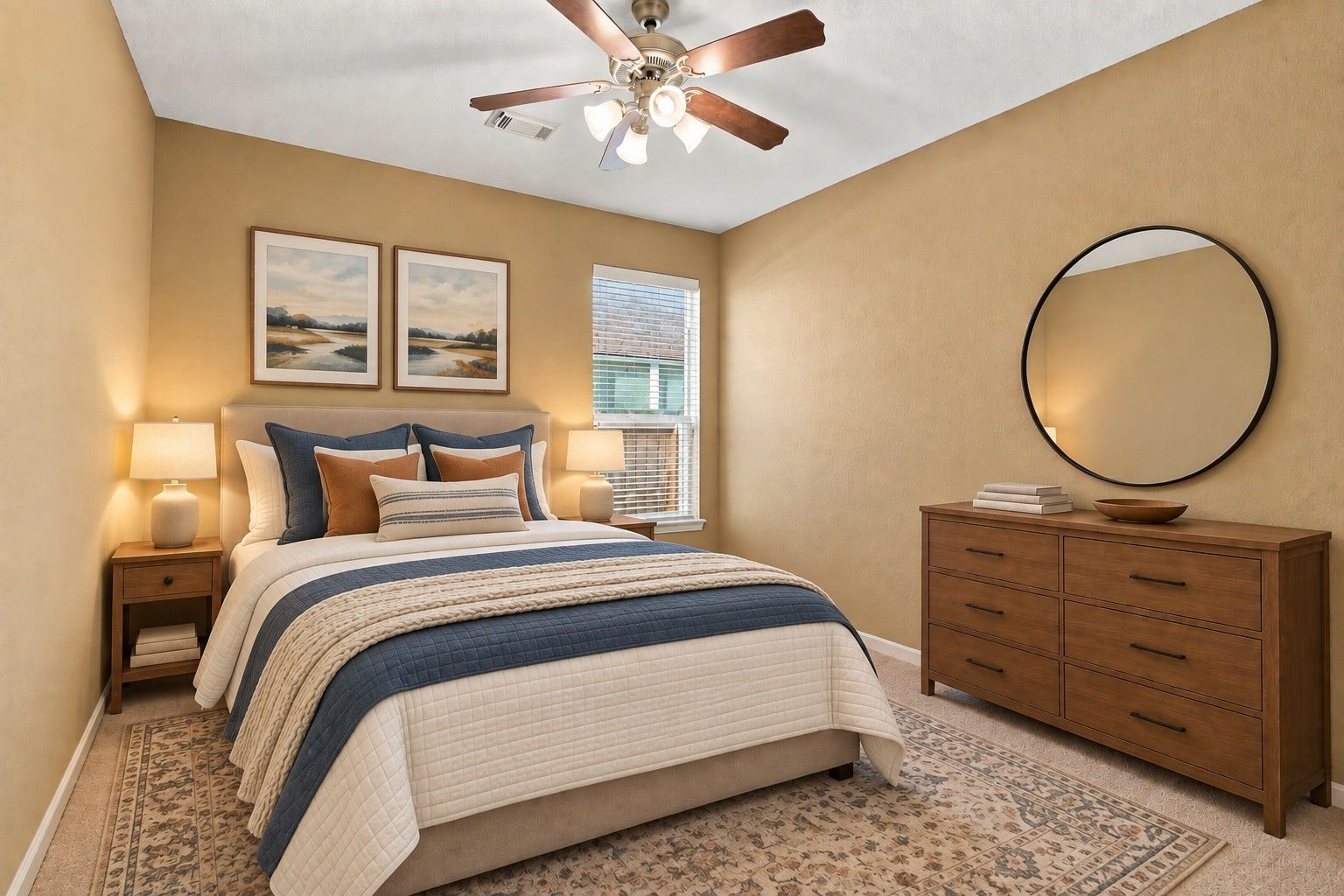 14226 Marin Drive, Cypress, TX 77429 Virtually Staged: A bright and comfortable secondary bedroom featuring warm neutral walls, soft carpeting, and a clean, spacious layout. A window brings in natural light, while the ceiling fan with integrated lighting provides added comfort and illumination. White trim creates a crisp contrast against the warm tones, giving the room a welcoming and versatile feel.