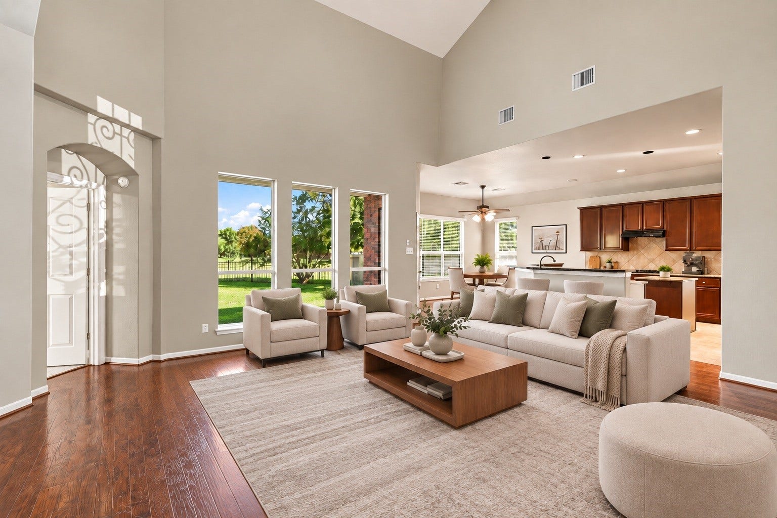 14226 Marin Drive, Cypress, TX 77429 Virtually Staged: Tall windows line the main wall, filling the vast layout with natural light and providing uninterrupted views of the green backyard.