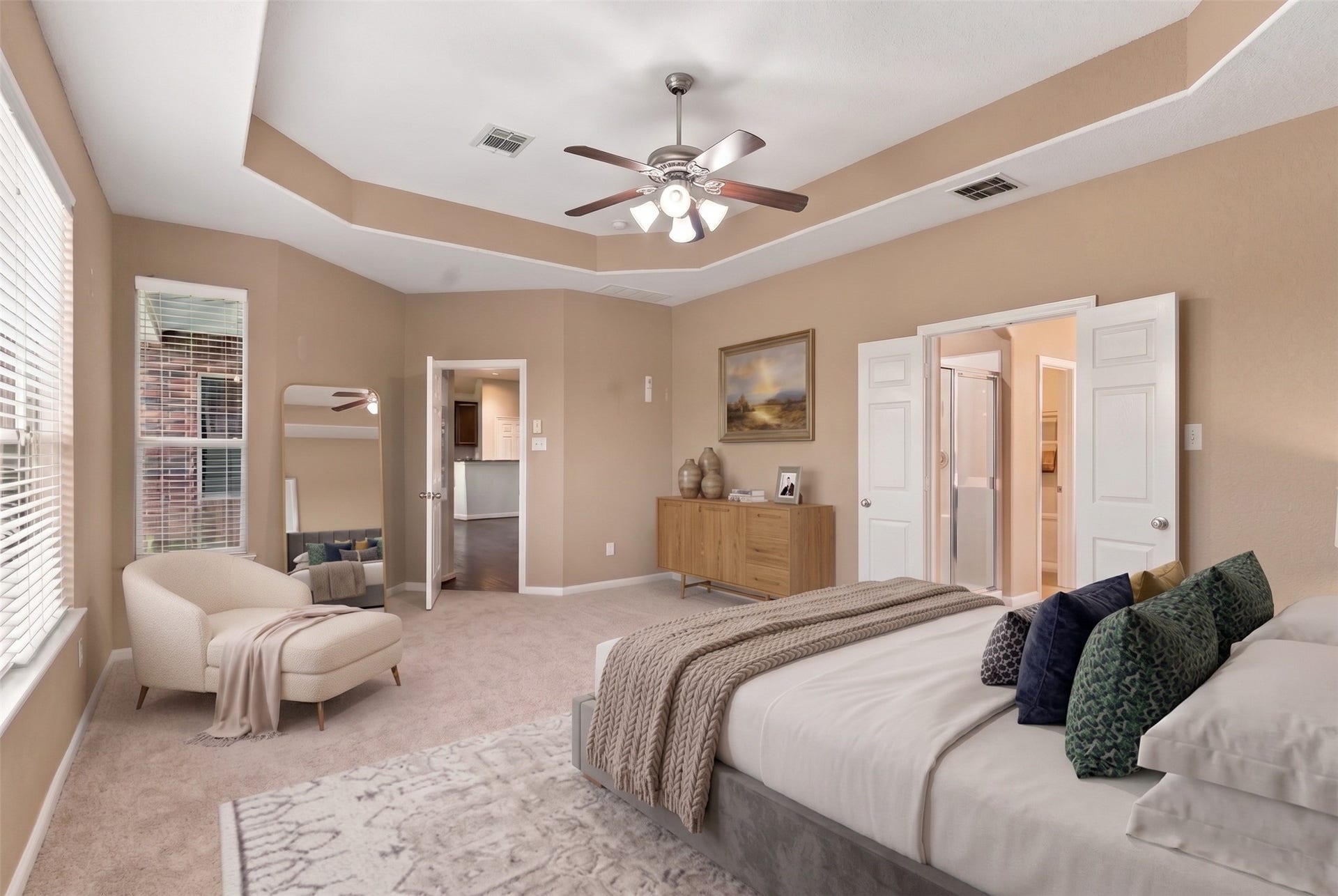 14226 Marin Drive, Cypress, TX 77429 Virtually Staged: Highlighting an open and airy design, this bedroom perspective emphasizes the room's fluid connectivity and architectural ceiling detail.