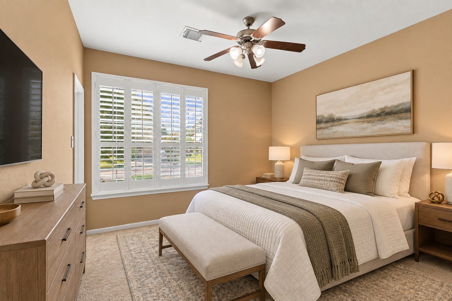 14226 Marin Drive, Cypress, TX 77429 Virtually Staged: A bright and inviting secondary bedroom featuring warm neutral walls, soft carpeting, and a spacious layout with plenty of room for comfortable everyday living. A large window with plantation shutters fills the space with natural light, while the ceiling fan provides added comfort.