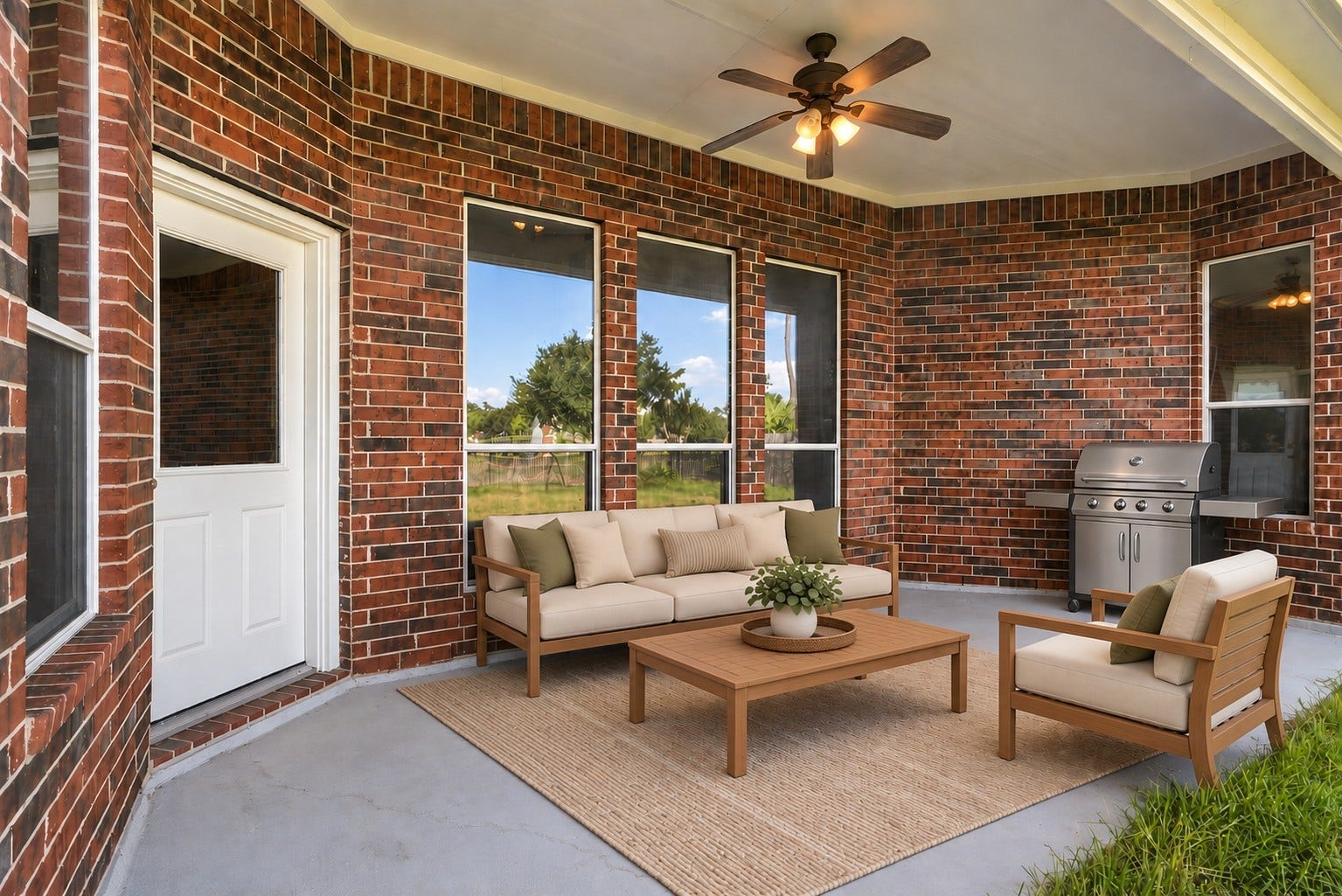 14226 Marin Drive, Cypress, TX 77429 Virtually Staged: This spacious covered patio offers an ideal outdoor living retreat, wrapped in durable brick masonry and illuminated by an overhead ceiling fan.
