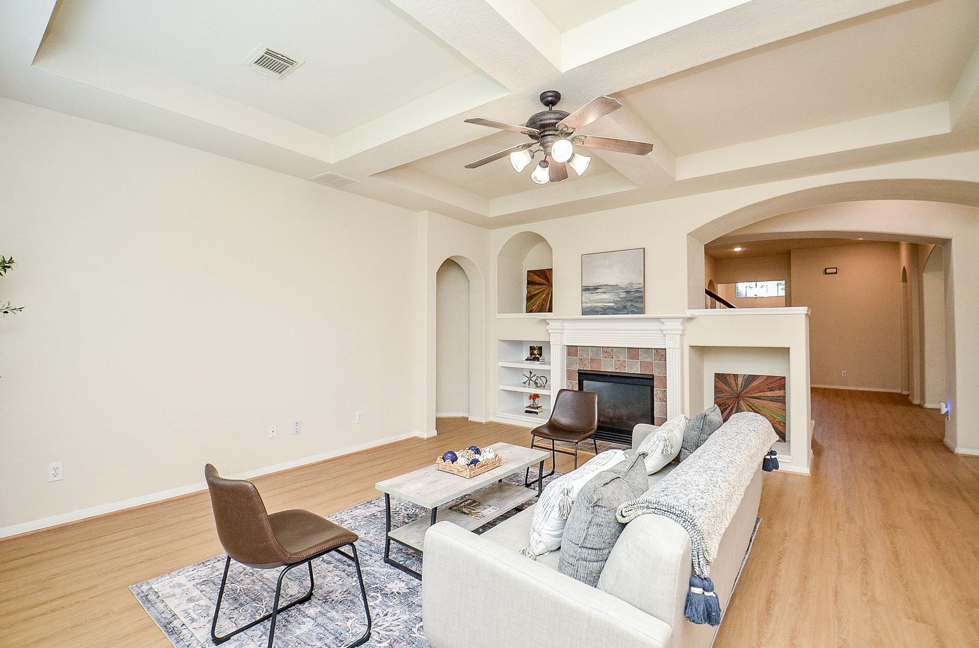 14407 Spanish River Lane, Cypress, TX 77429 Theres room to spread out without losing that comfortable feel. A central fireplace anchors the family room, while built-in shelving gives you a natural place for books, photos and the things that make a house feel like yours.