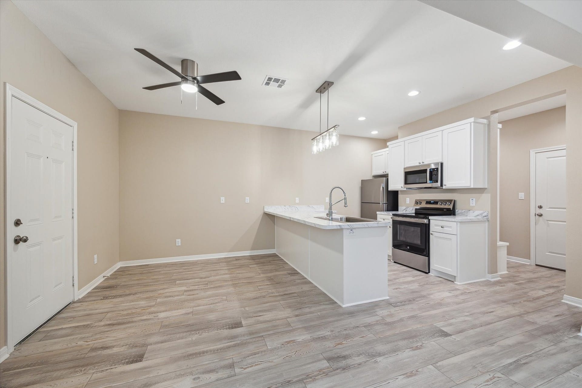 View of kitchen and eating area