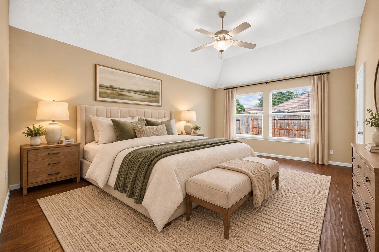 9307 Russeff Field Lane, Rosenberg, TX 77469 Virtually staged primary bedroom highlighting the vaulted ceiling, spacious layout, and natural light.