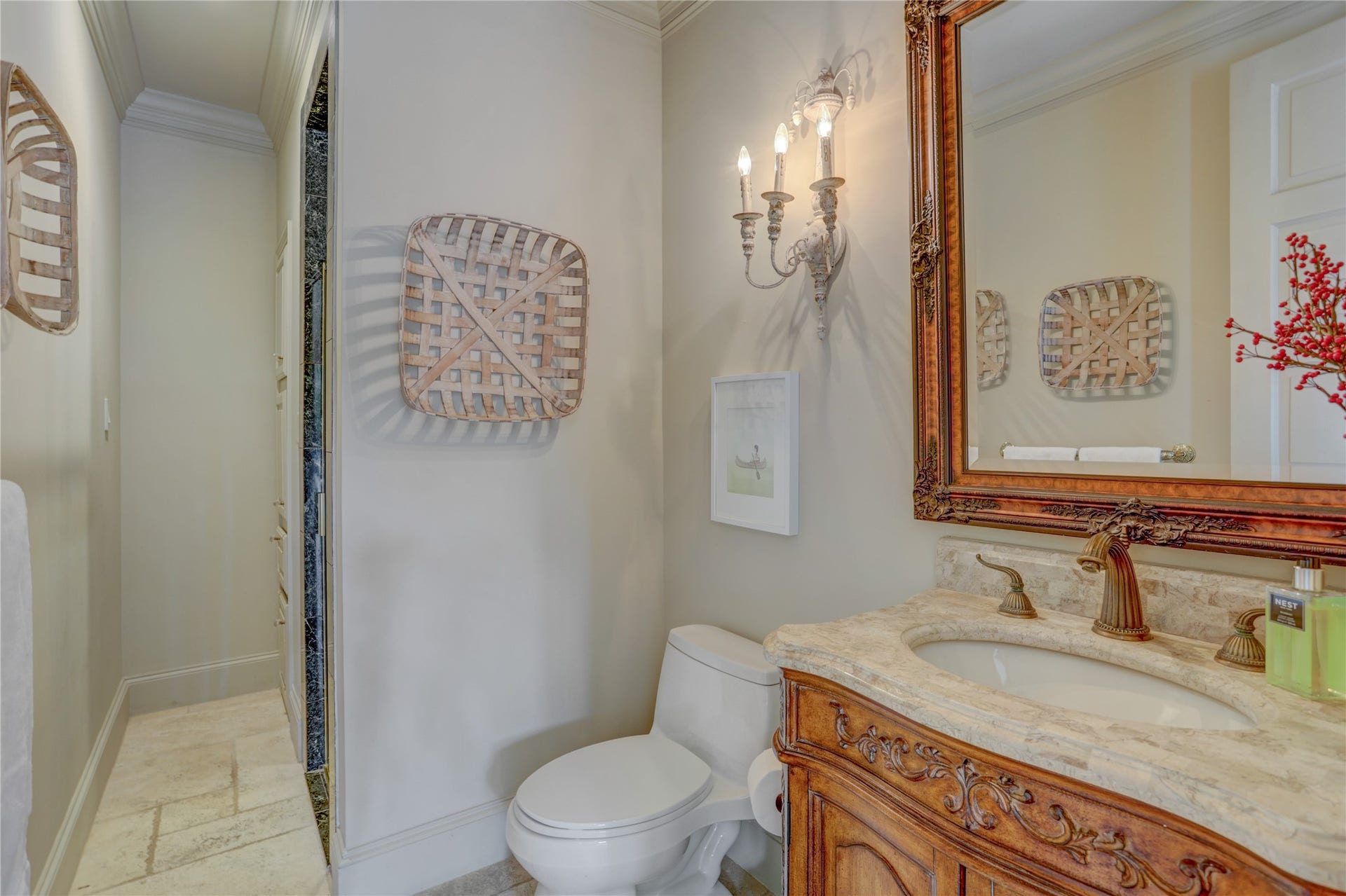This full bath is off the garden room