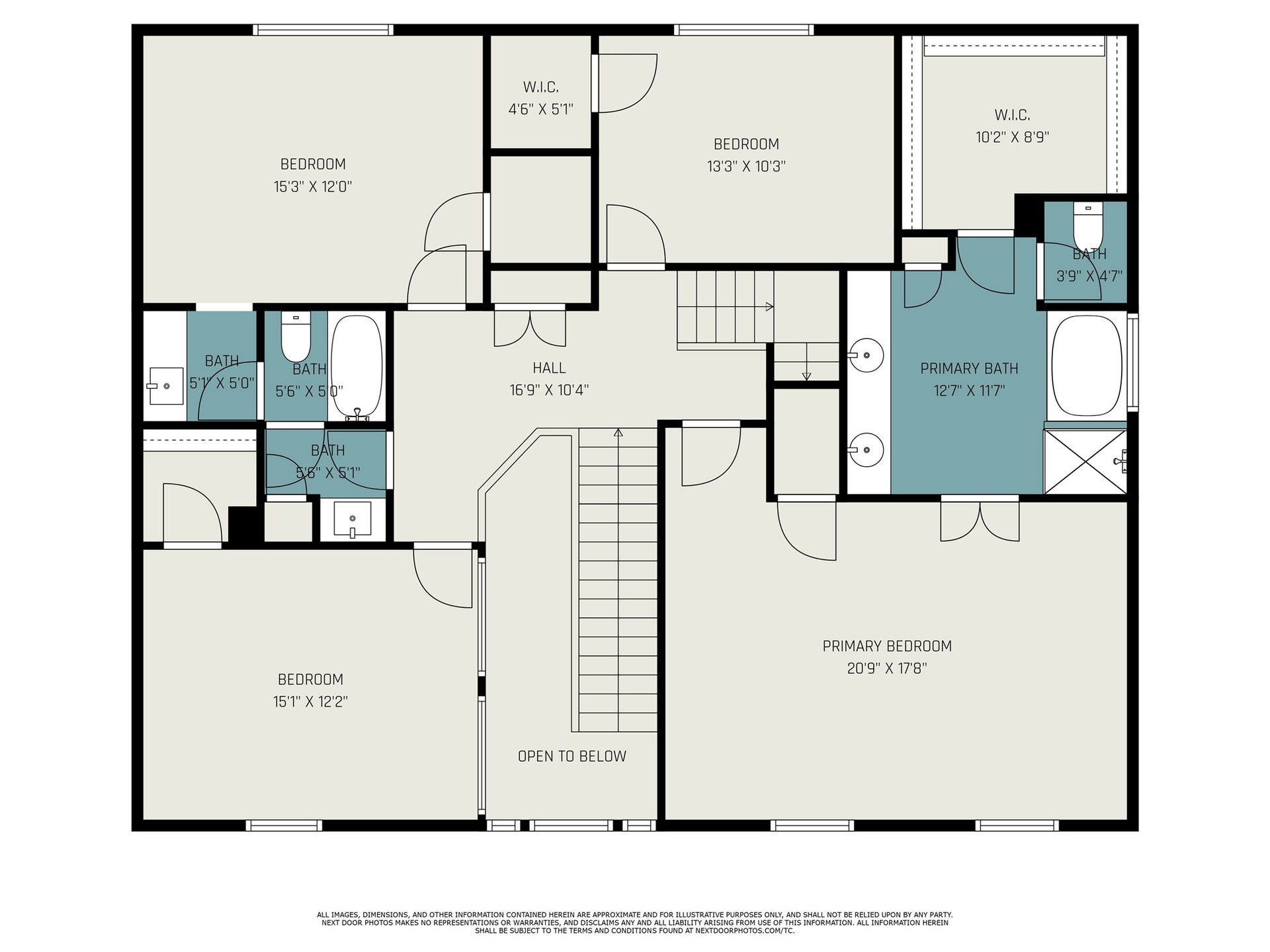 5001 Jackson Street, Houston, TX 77004 This floor plan features a spacious layout with four bedrooms, including a large primary suite with an en-suite bath and walk-in closet. There's an additional full bath, a half bath, and ample hallway space. The design includes an open area overlooking the level below, providing a sense of openness and connectivity.