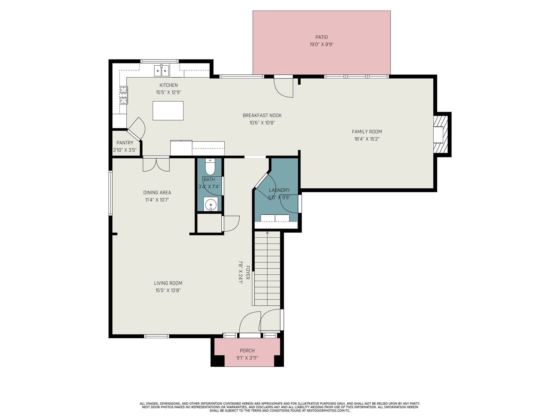 5001 Jackson Street, Houston, TX 77004 This floor plan features a spacious layout with a living room, dining area, and kitchen with a pantry. There's a breakfast nook adjacent to the family room, a bathroom, and a laundry area. The design includes a front porch and a rear patio, providing outdoor space for relaxation.
